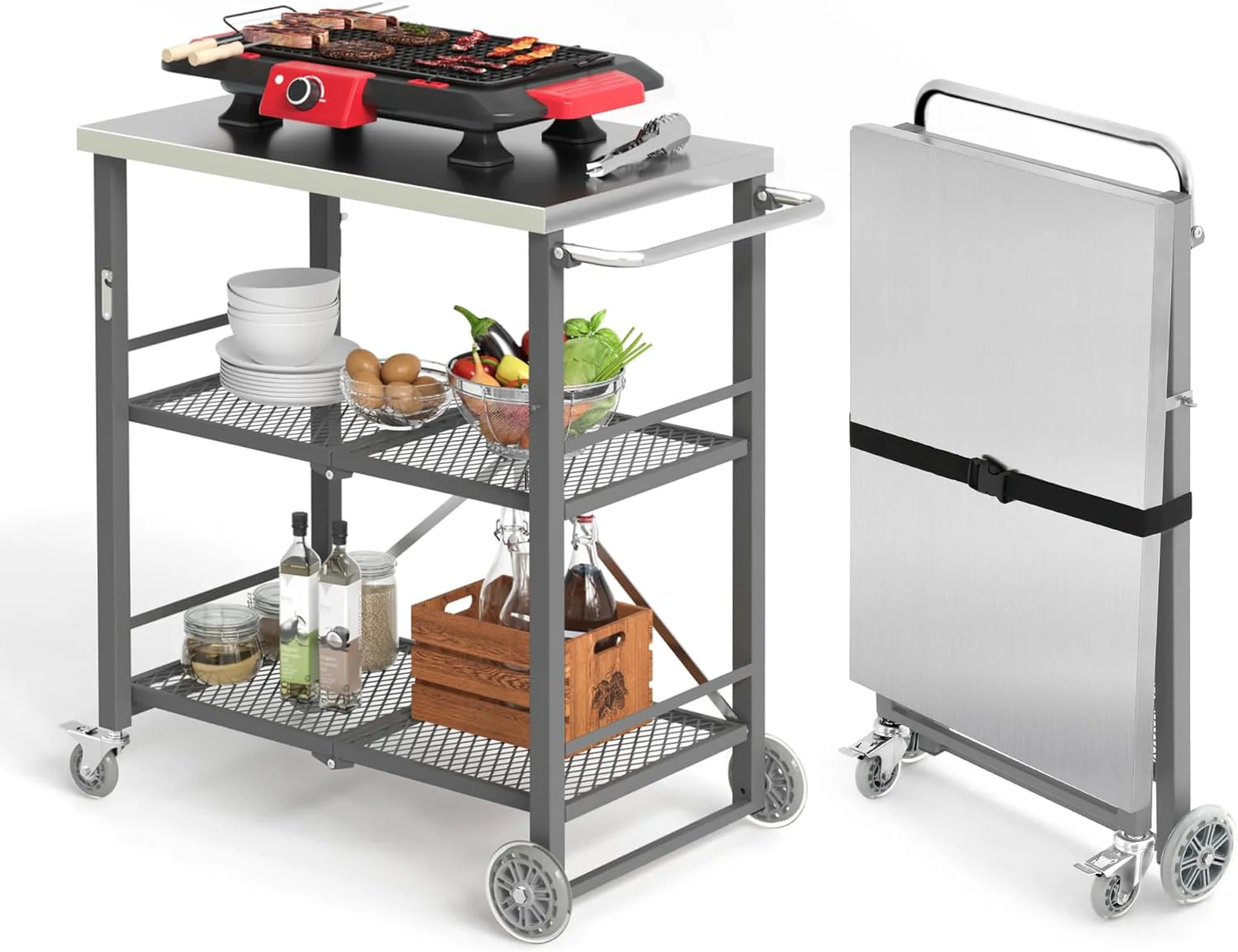 Foldable Outdoor Grill Cart with Total Lock Casters - Stainless Steel Pizza Oven Stand