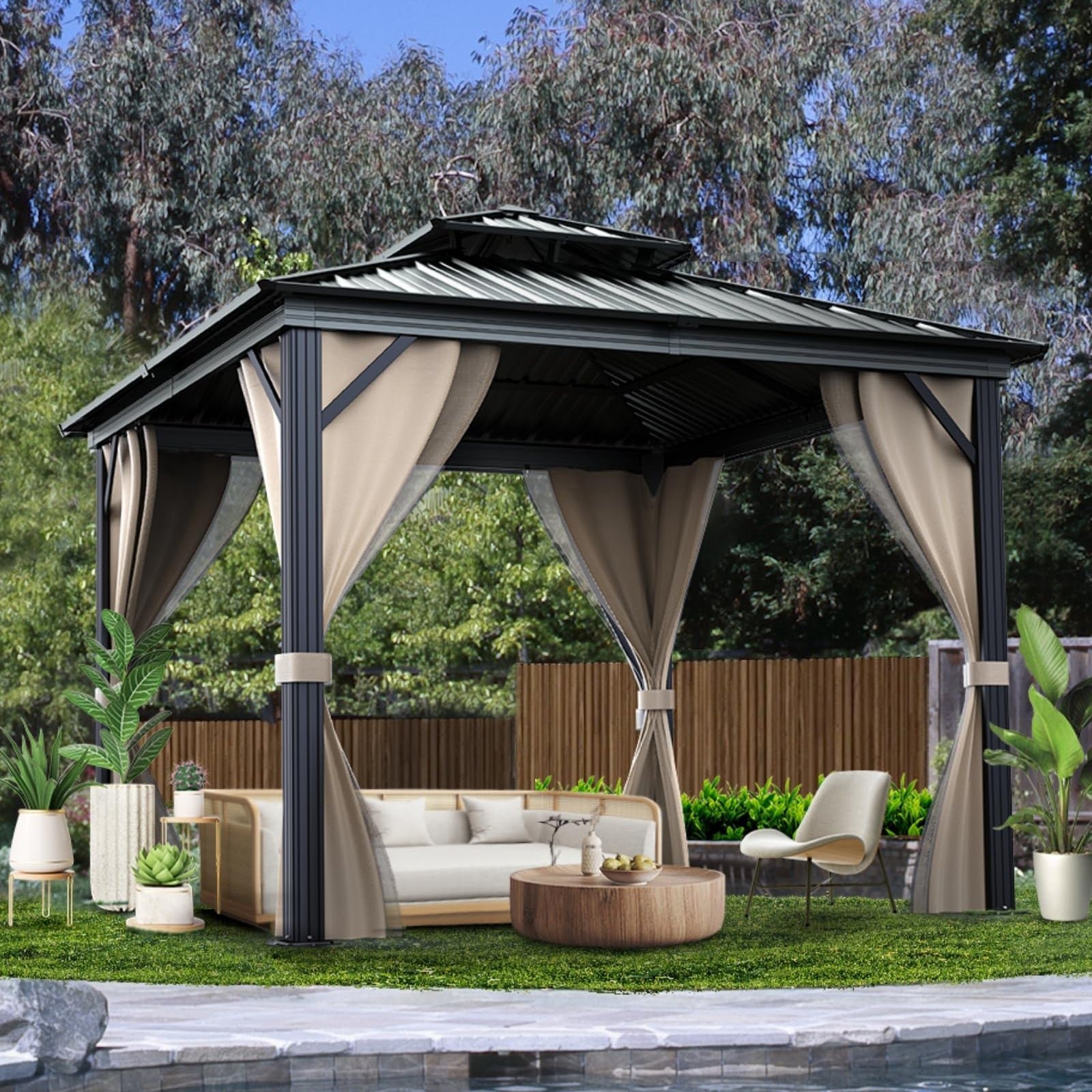 10��x10�� Hardtop Gazebo with double metal roof, aluminum frame, net, and curtain. All-weather, ideal for patio, deck, garden, backyard. Khaki.