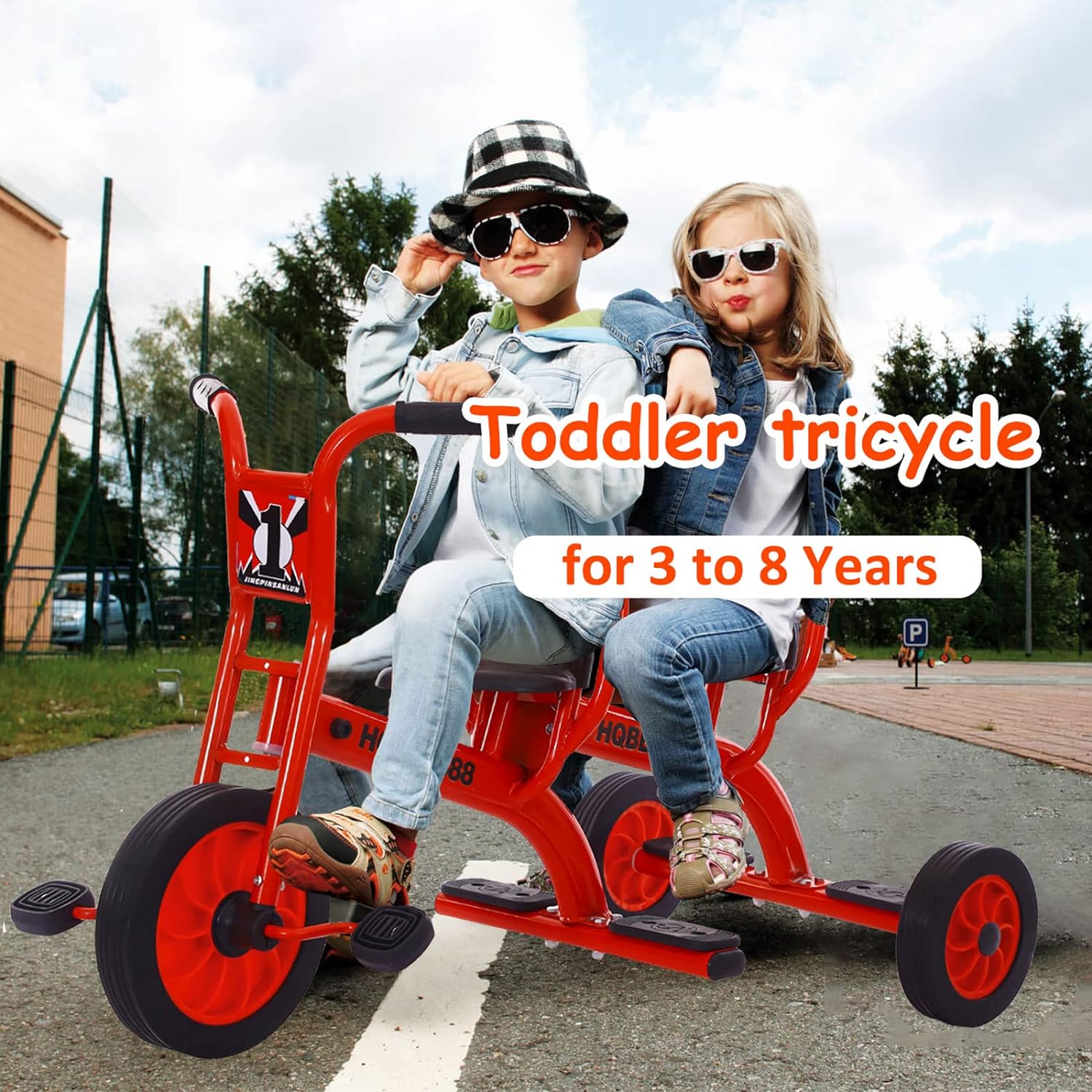 Double Seat Tandem Tricycle for Kids Ages 3-8, Carbon Steel Frame, Inflation-Free Rubber Wheels, Outdoor Play Equipment