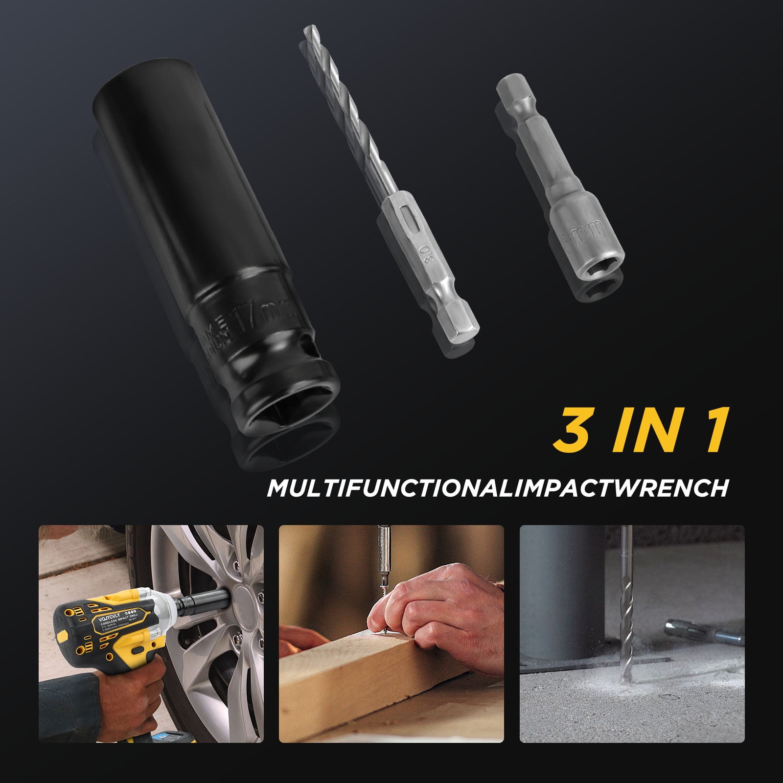 VQJTCVLY 21V Brushless Cordless Impact Wrench 1/2��� with 2x 4.0Ah Batteries, 5 Sockets, 7 Drill Bits, Yellow