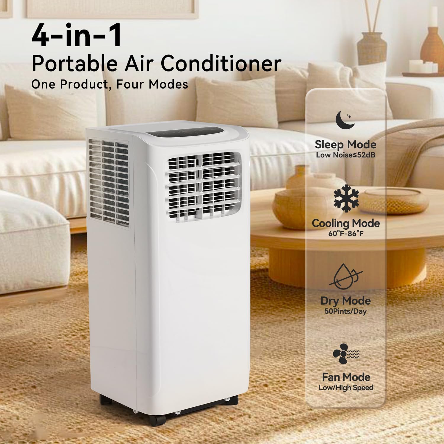 Portable Air Conditioner Cools up to 300 Sq.ft, 4-IN-1 Portable AC Unit with Cooling, Dehumidifier, Fan, 24H Timer (Window Venting Kit Included)