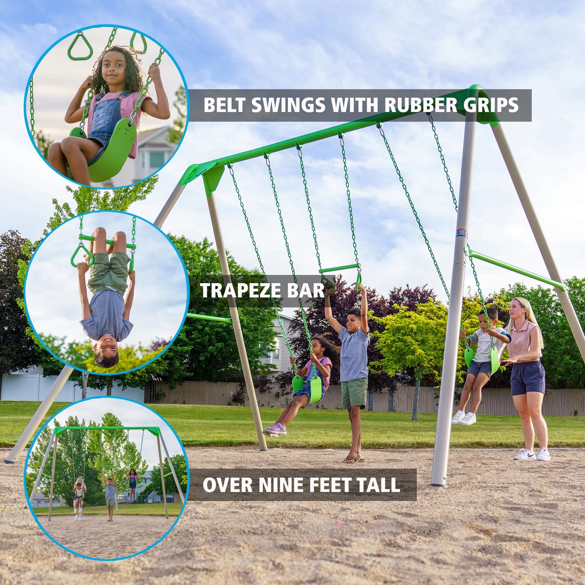 Lifetime Kid's Metal Swing Set with 2 Belt Swings and Trapeze Bar - 9 feet (91206)