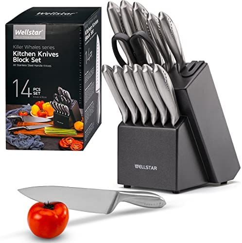 WELLSTAR 14-Piece Rainbow Knife Set, German Stainless Steel with Wood Block & Built-in Sharpener, Colorful Titanium Coating, Includes Chef  s Knife & Scissors