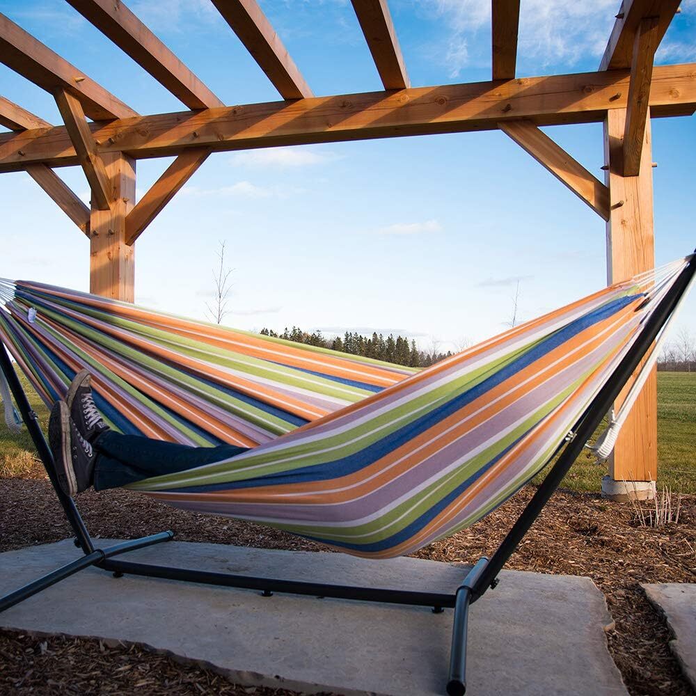 Vivere Double Cotton Hammock with Steel Stand, 450 lb Capacity, Tropical Colors, Includes Premium Carry Bag