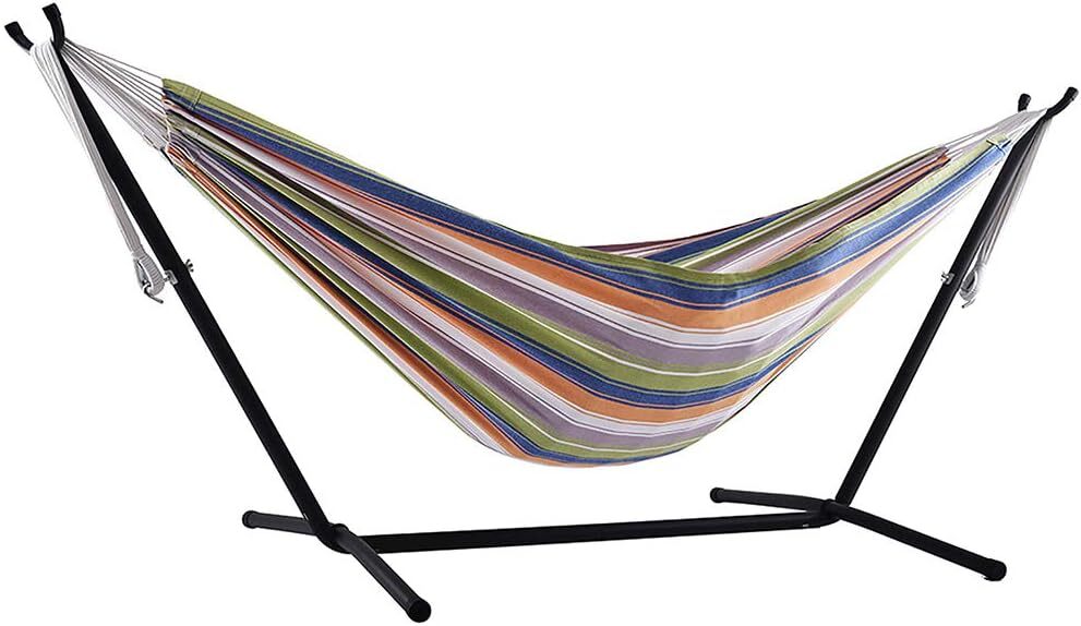 Vivere Double Cotton Hammock with Steel Stand, 450 lb Capacity, Tropical Colors, Includes Premium Carry Bag