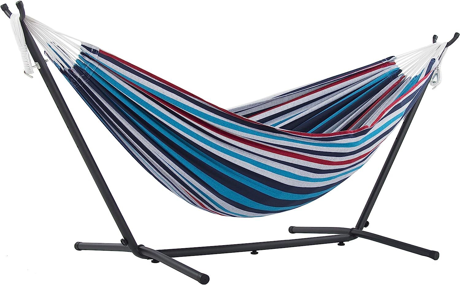 Vivere Double Cotton Hammock with Steel Stand, 450 lb Capacity, Tropical Colors, Includes Premium Carry Bag