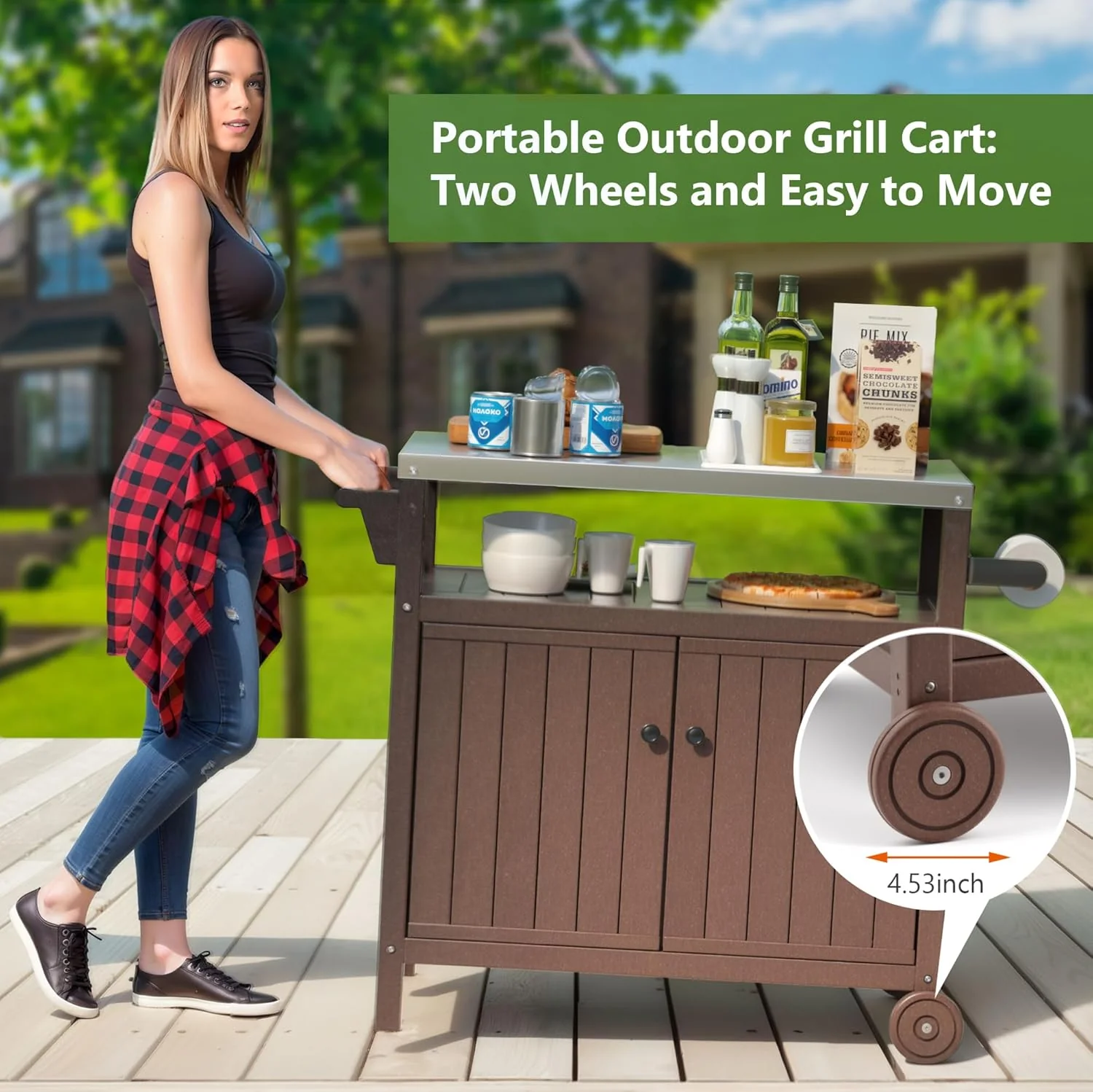 Portable Outdoor Grill Prep Table with Storage, Waterproof Grill Cabinet, Stainless-Steel Tabletop Kitchen Island, BBQ Cart with Wheels and Hooks | Brown