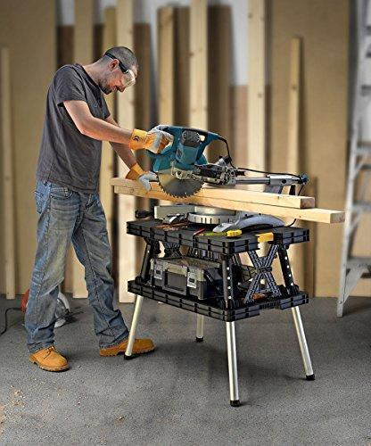 g Keter �C 197283 Folding Table Work Bench for Miter Saw Stand, Woodworking Tools and Accessories with Included 12 Inch Wood Clamps �C Easy Garage Storage Black/Yellow