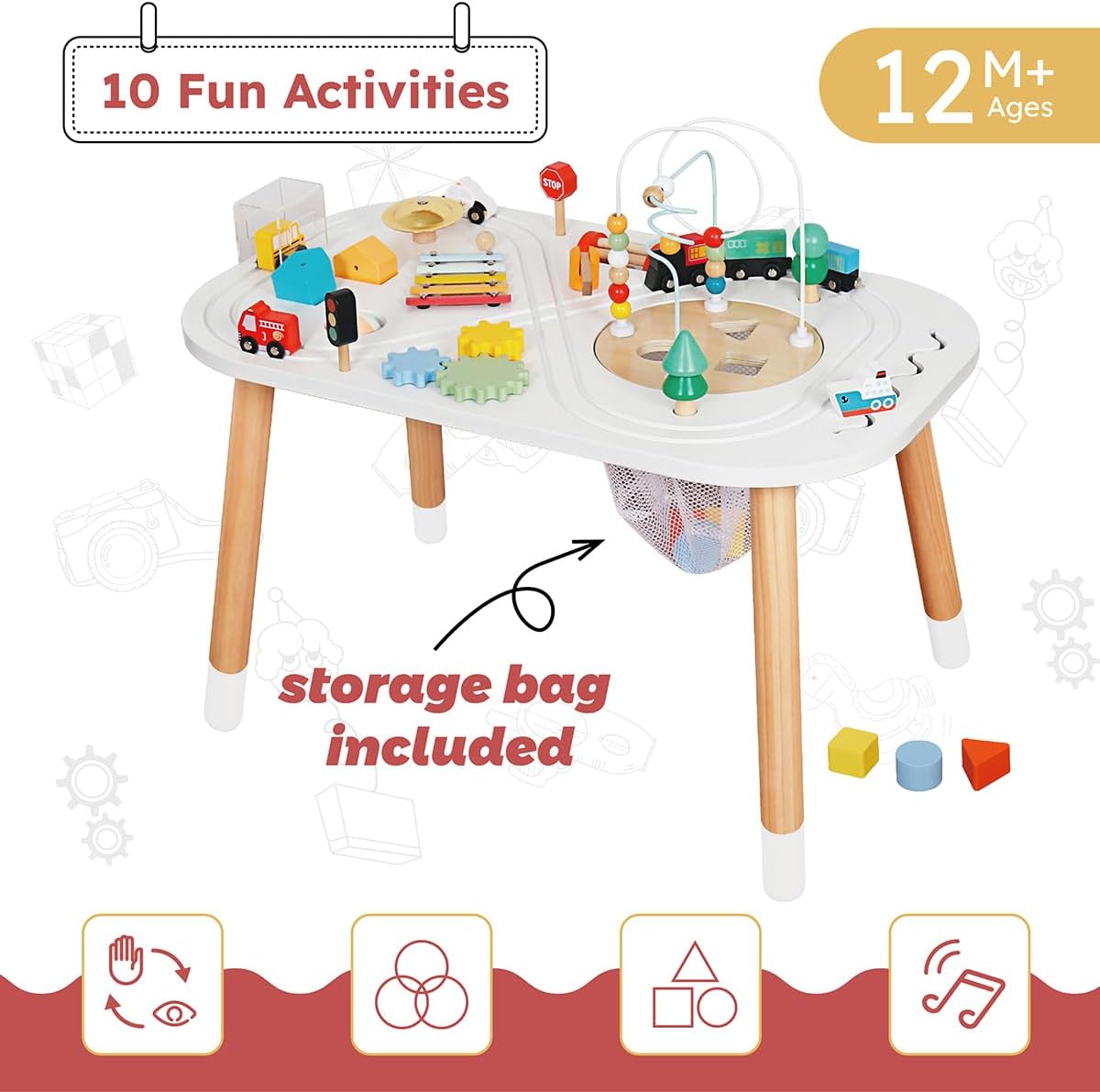 Touch Us Wooden Activity Table for Toddlers  C Montessori Toy with Bead Mazes, Gears & Xylophone, Ages 12 Months+