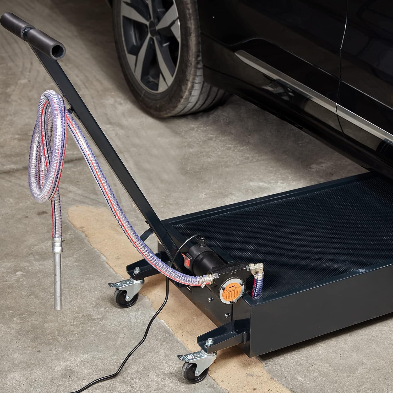 Profile Oil Drain Pan, 15 Gallon Oil Drain Pan with Pump, Oil Change Pan with 180W Electric Pump, 8.2ft Hose & Folding Handle, Rolling Oil Drain Cart for Trucks, Buses, RVs