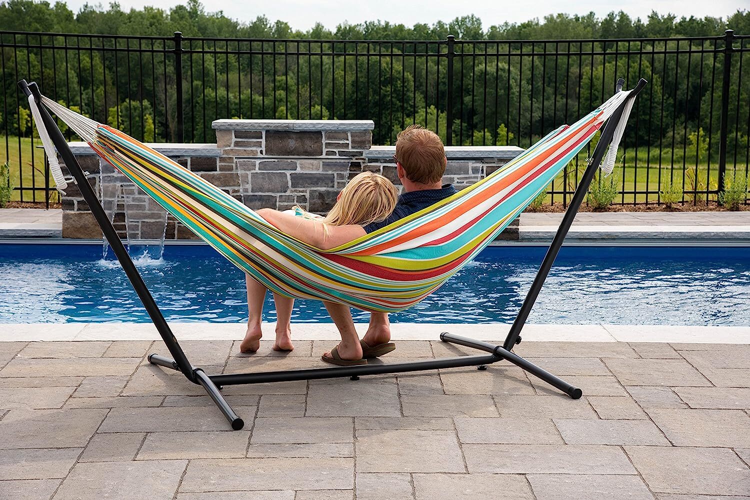 Vivere Double Cotton Hammock with Steel Stand, 450 lb Capacity, Tropical Colors, Includes Premium Carry Bag