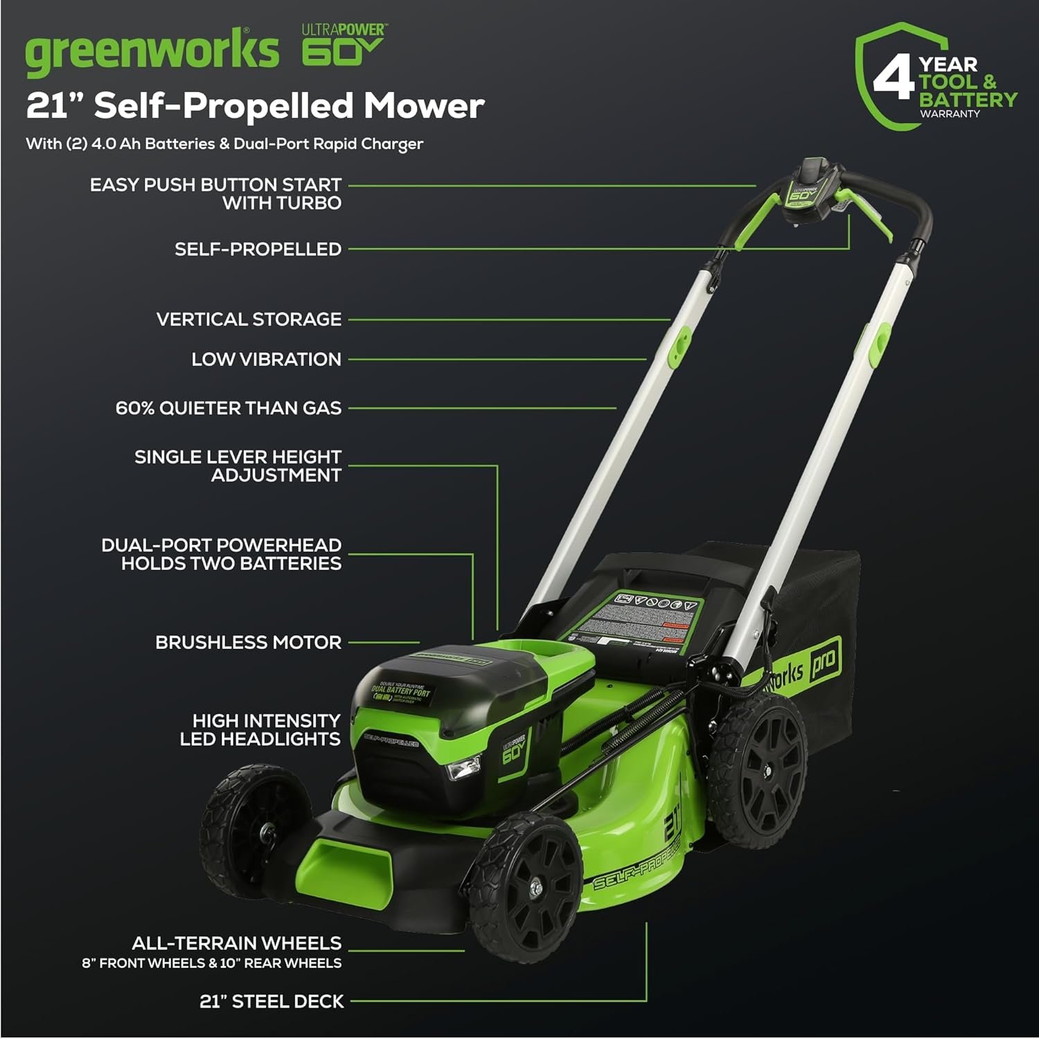 60V 21�� Cordless (Self-Propelled) Lawn Mower , 2 x 4.0Ah Batteries and Dual Port Rapid Charger