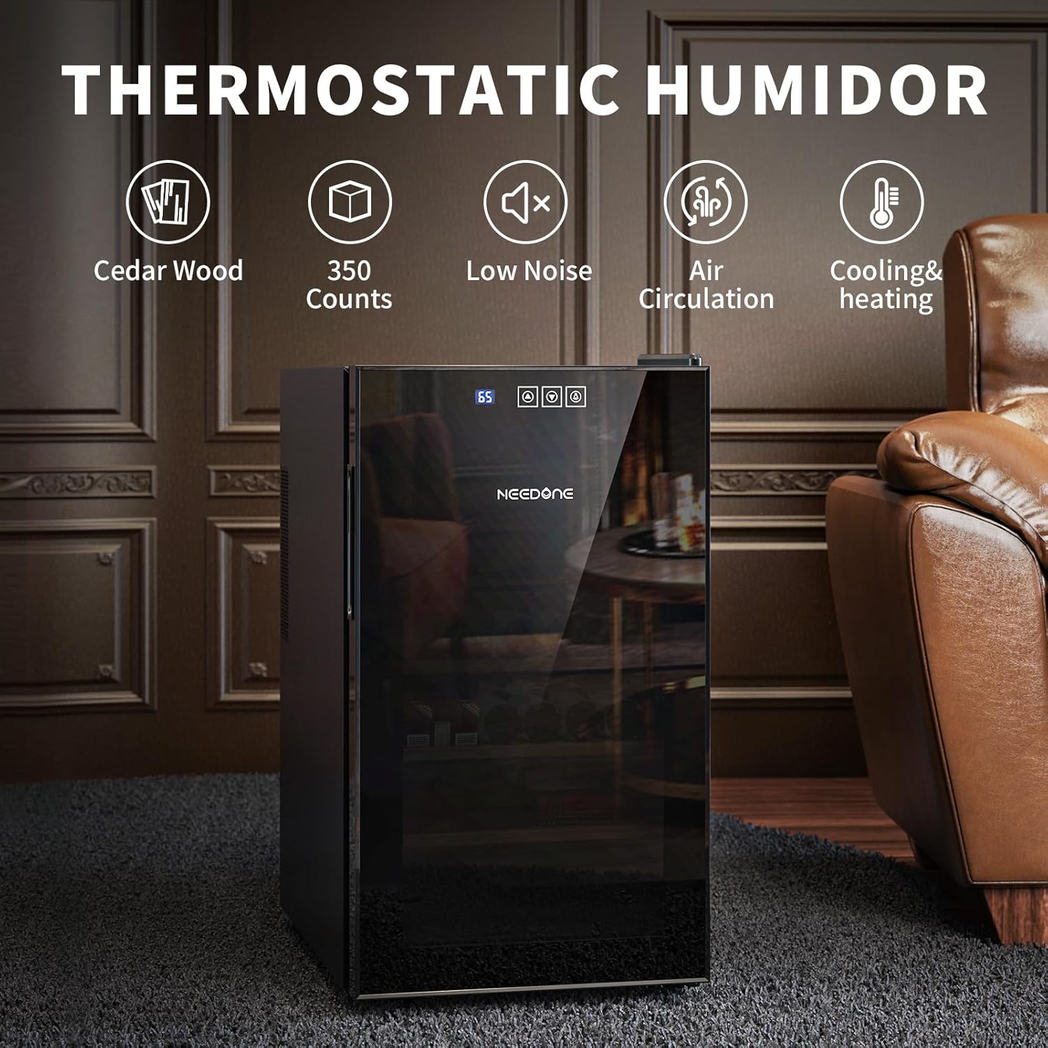 ThermoCigar 48L Cigar Humidor with Heating & Cooling, Cedar Wood, Digital Hygrometer, Quiet Electric Cooler for 350 Cigars