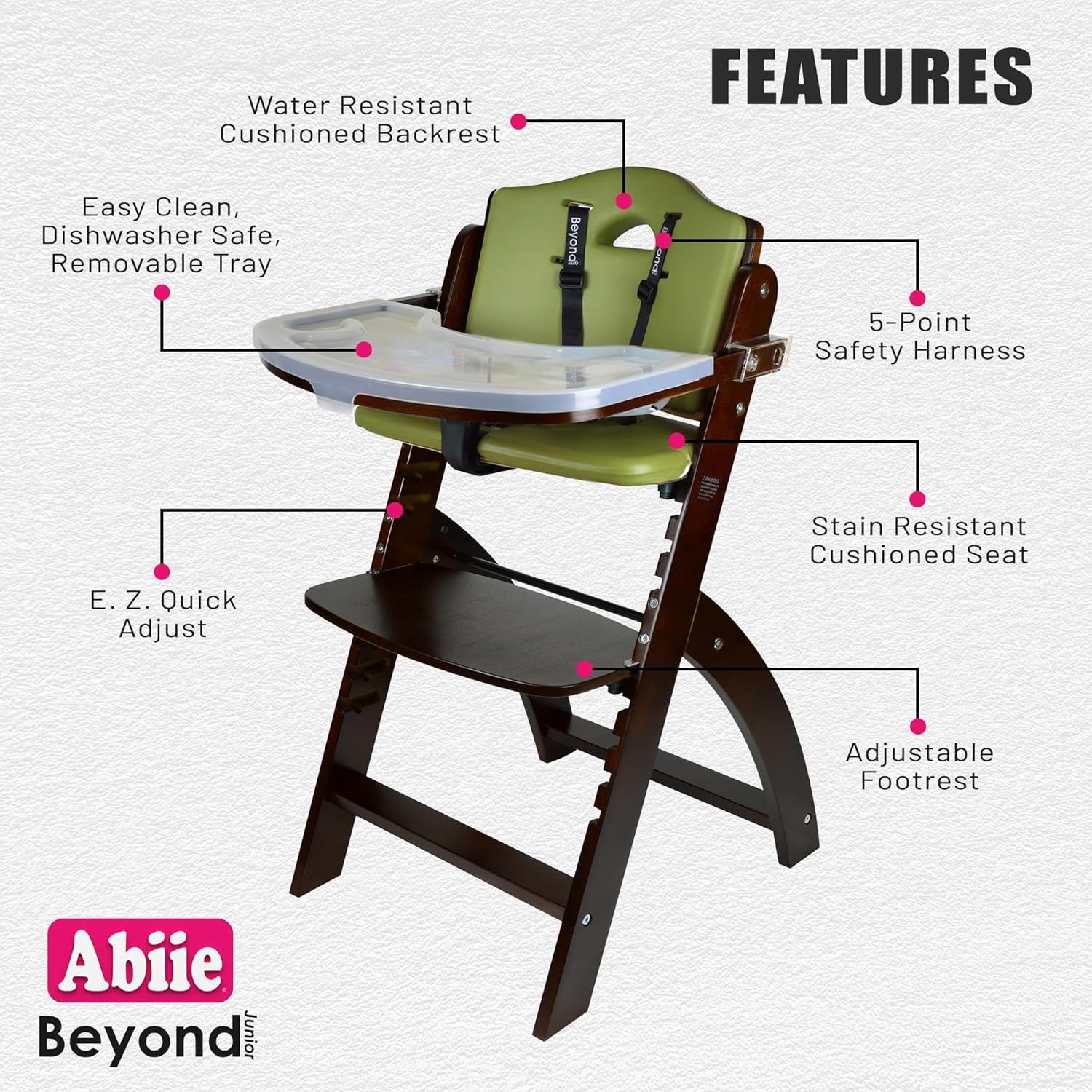 Abiie Beyond Junior High Chair, Adjustable Wood, Dove Grey Cushion, 250 lb Capacity, Stain & Water Resistant