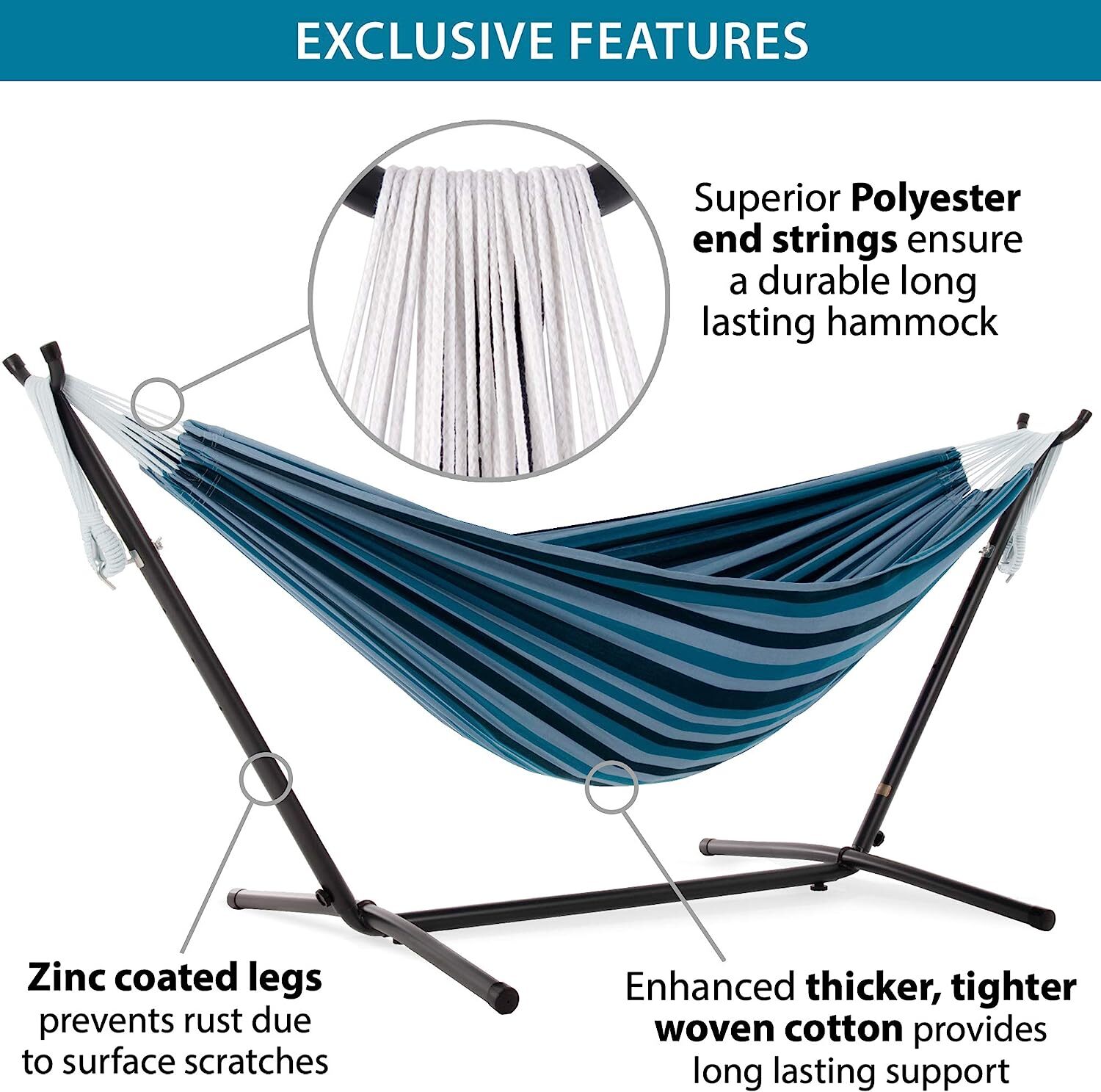 Vivere Double Cotton Hammock with Steel Stand, 450 lb Capacity, Tropical Colors, Includes Premium Carry Bag