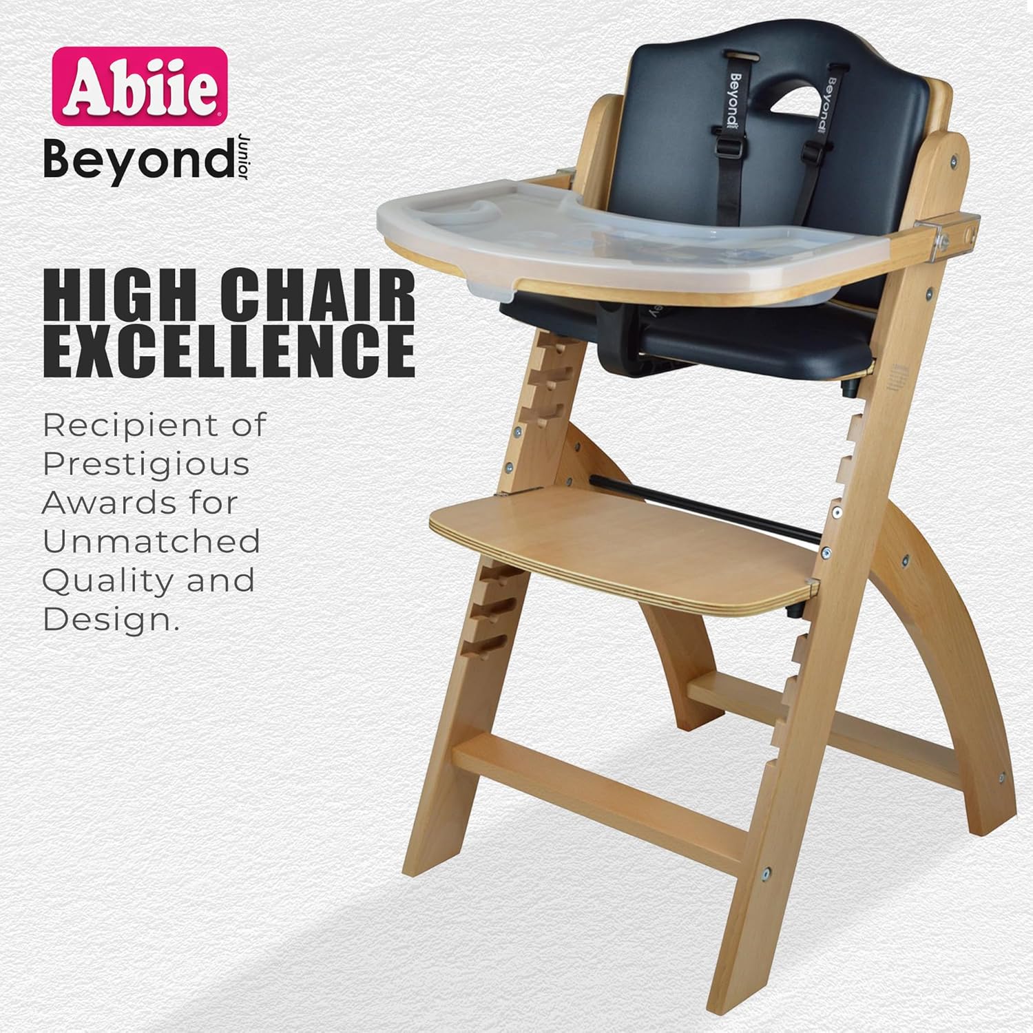 Abiie Beyond Junior High Chair, Adjustable Wood, Dove Grey Cushion, 250 lb Capacity, Stain & Water Resistant
