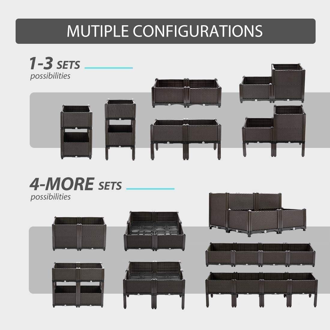 Premium Raised Garden Bed Planter Kit by Elevated �C Set of 4, Self-Watering, Reinforced PP, Rattan Pattern, 19.5���x19.5���, Brown