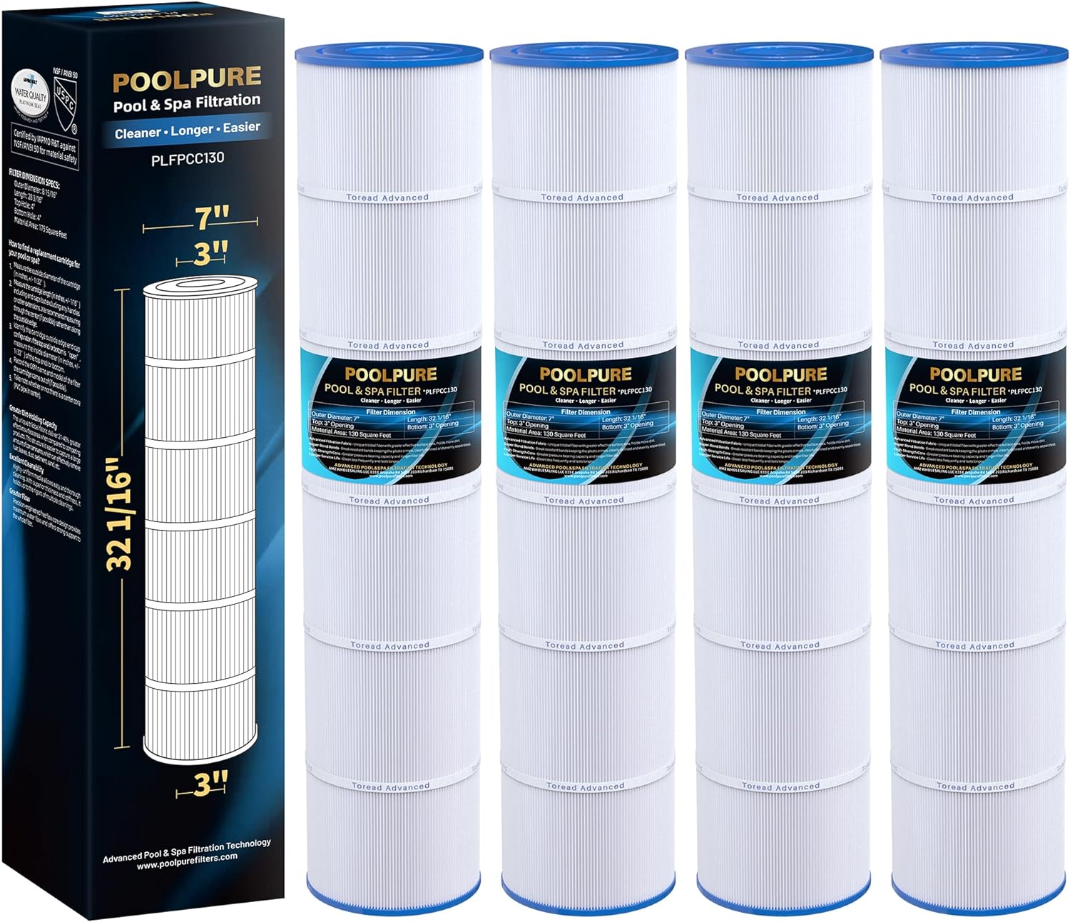 PLFPCC130 Pool Filter Replaces Pentair CCP520, R173578, PCC130, Ultral-A7, Unicel C-7472, Filbur FC-1978, FC-6475, Pentair Clean and Clear Plus 520, 817-0131, 178585, L x OD: 32 1/16