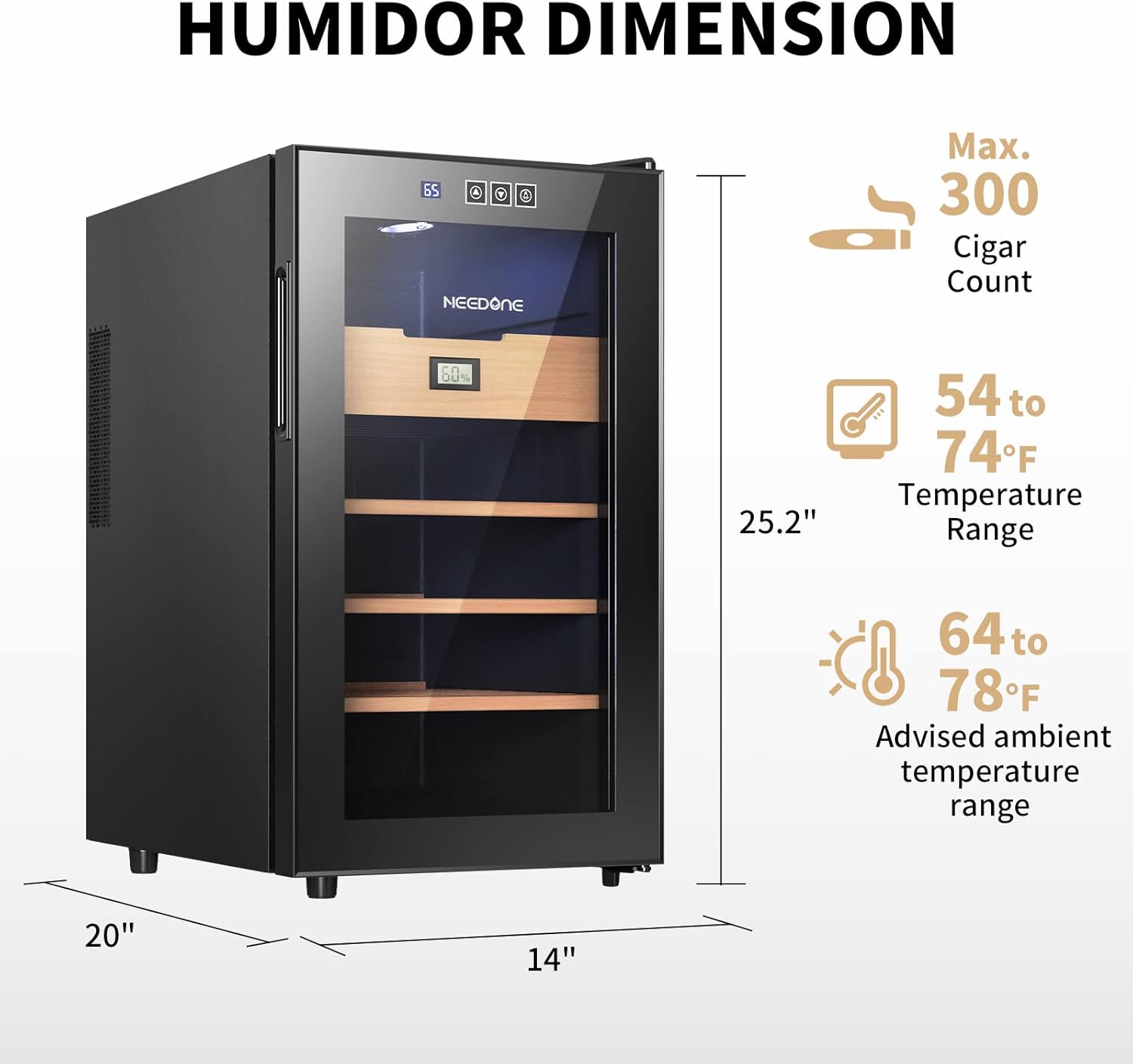 ThermoCigar 48L Cigar Humidor with Heating & Cooling, Cedar Wood, Digital Hygrometer, Quiet Electric Cooler for 350 Cigars