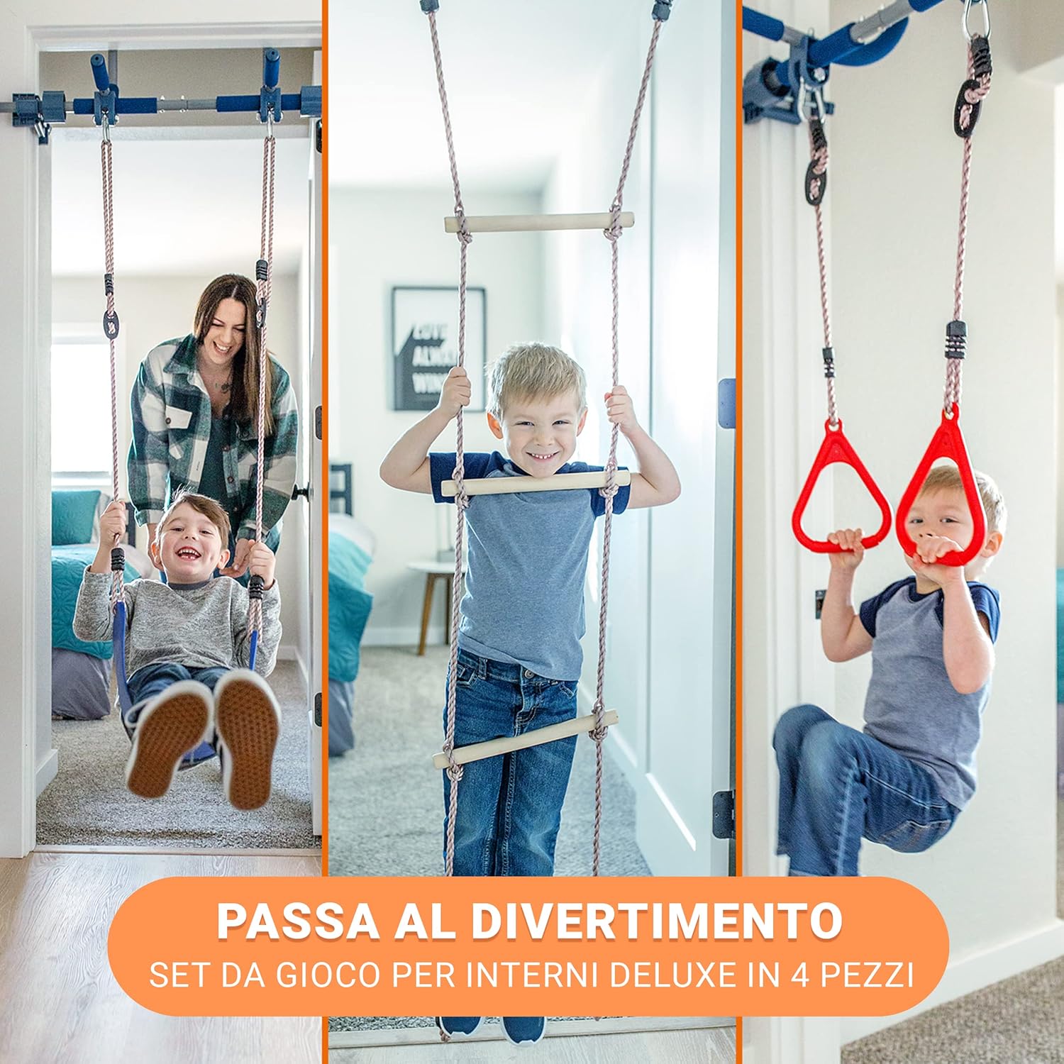 PIPG Indoor Doorway Gym for Kids & Adults  C Blue, Alloy Steel, Includes Pull-Up Bar, Rings, Trapeze, Ladder, Rope, Sensory Swing, 300 lbs Capacity