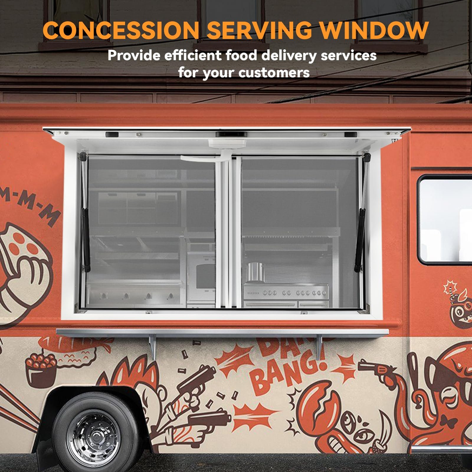 Concession Window 36W x 36H Aluminum Alloy Food Truck Service Window with Sliding Screens & Awning Door, Hydraulic Lift, Locking Mechanism, Versatile for Catering