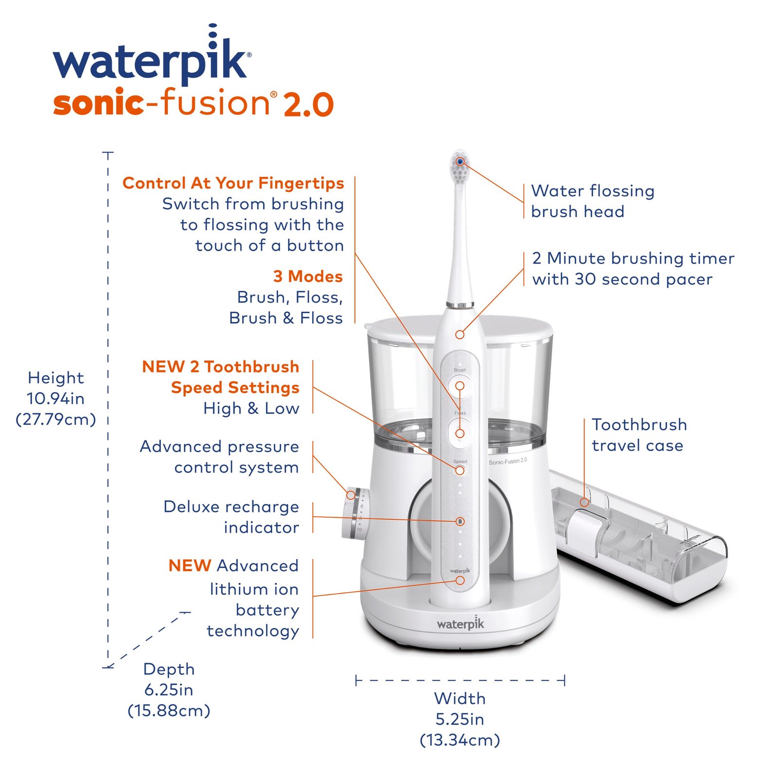 Waterpik Sonic-Fusion 2.0 Flossing Toothbrush, Electric Toothbrush Water Flosser Combo, White