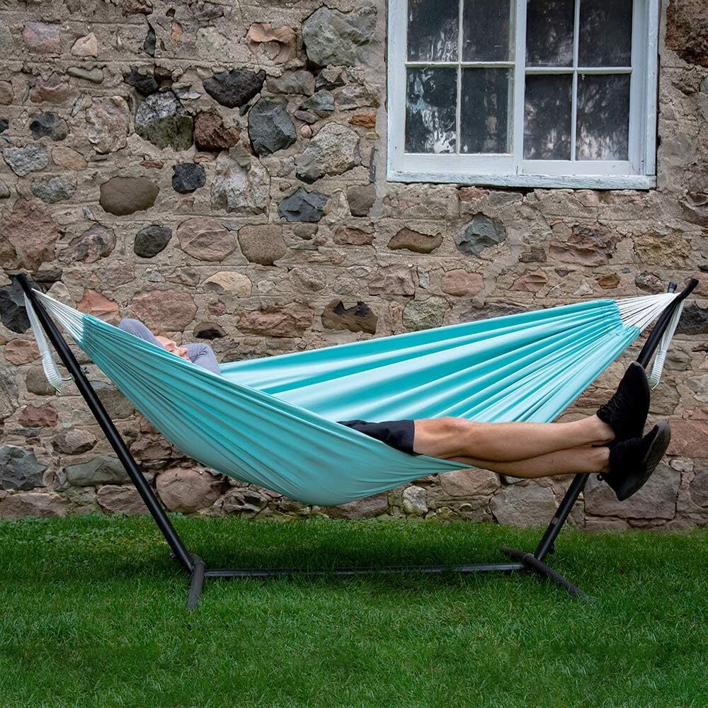 Vivere Double Cotton Hammock with Steel Stand, 450 lb Capacity, Tropical Colors, Includes Premium Carry Bag