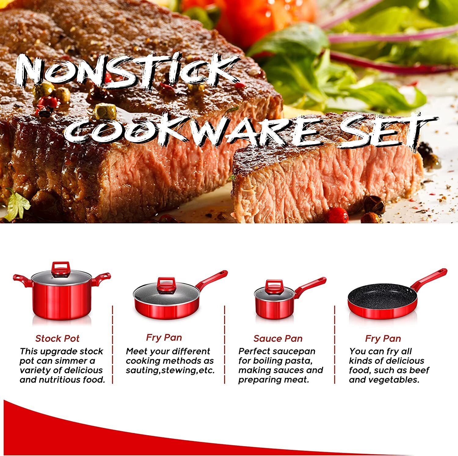 Red Nonstick Cookware Set  C 10 Pcs by [Brand Name], Induction Compatible, Chemical-Free, Includes Frying Pans, Saucepans, Saute Pan, Stock Pot