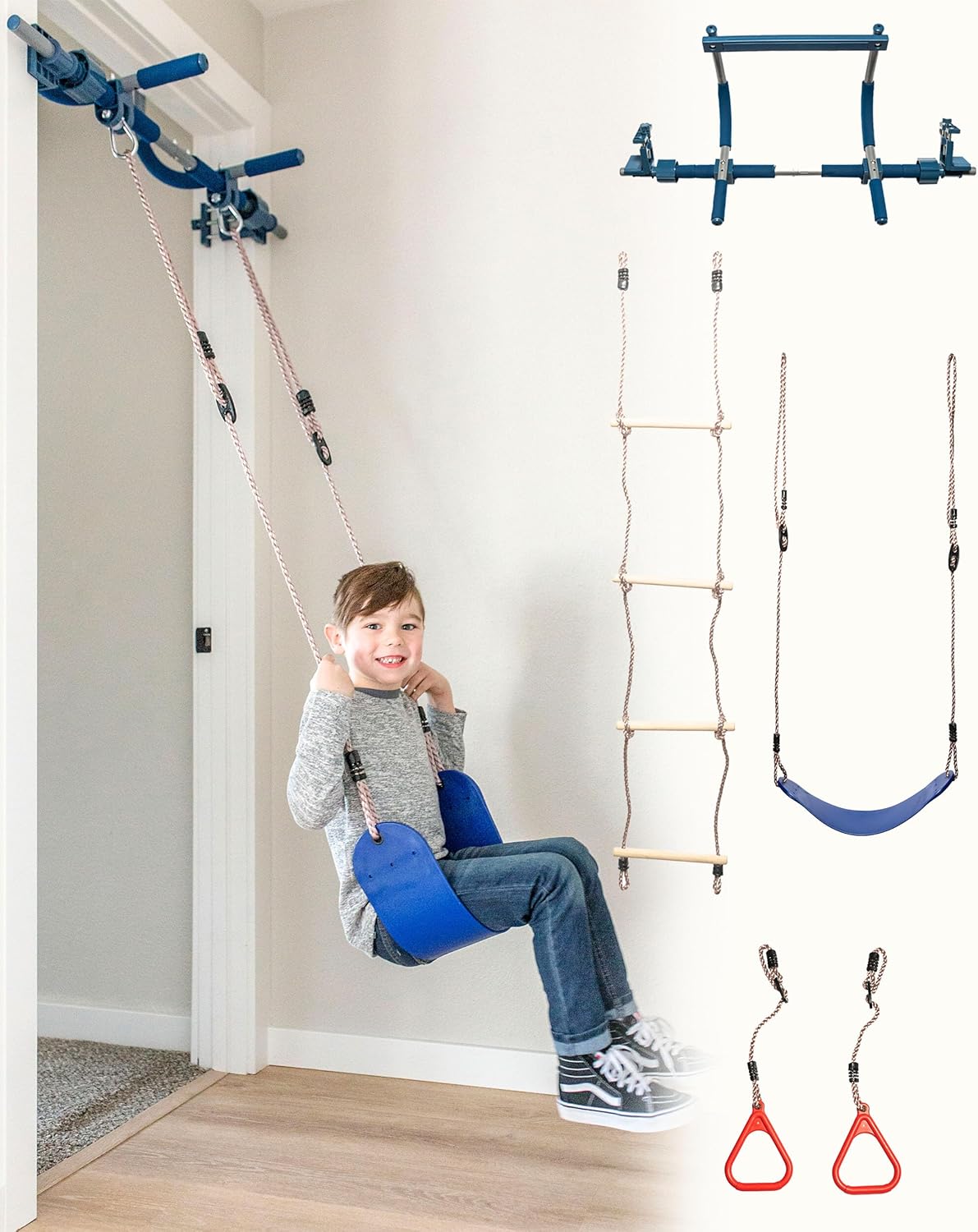 PIPG Indoor Doorway Gym for Kids & Adults  C Blue, Alloy Steel, Includes Pull-Up Bar, Rings, Trapeze, Ladder, Rope, Sensory Swing, 300 lbs Capacity