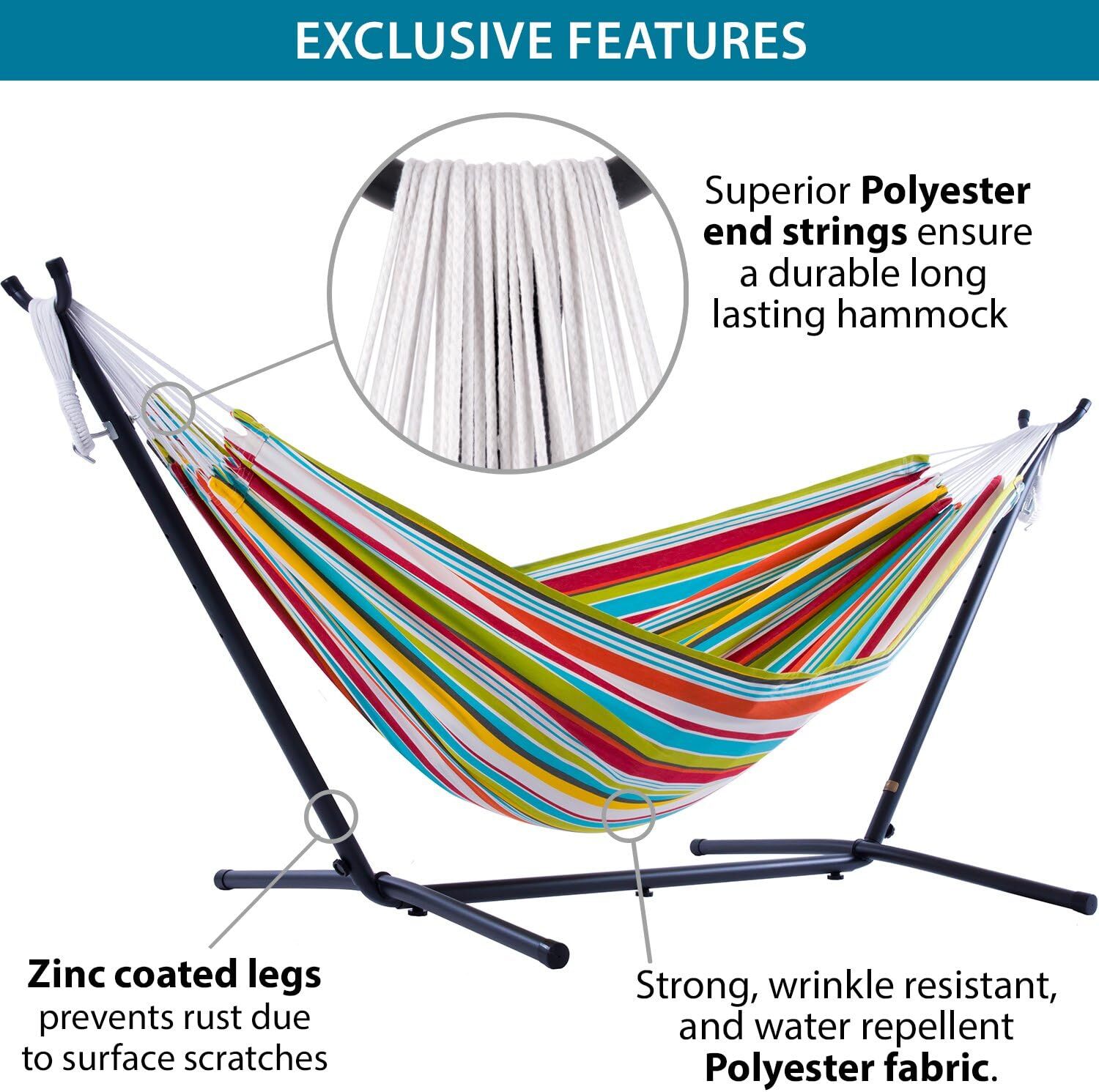 Vivere Double Cotton Hammock with Steel Stand, 450 lb Capacity, Tropical Colors, Includes Premium Carry Bag