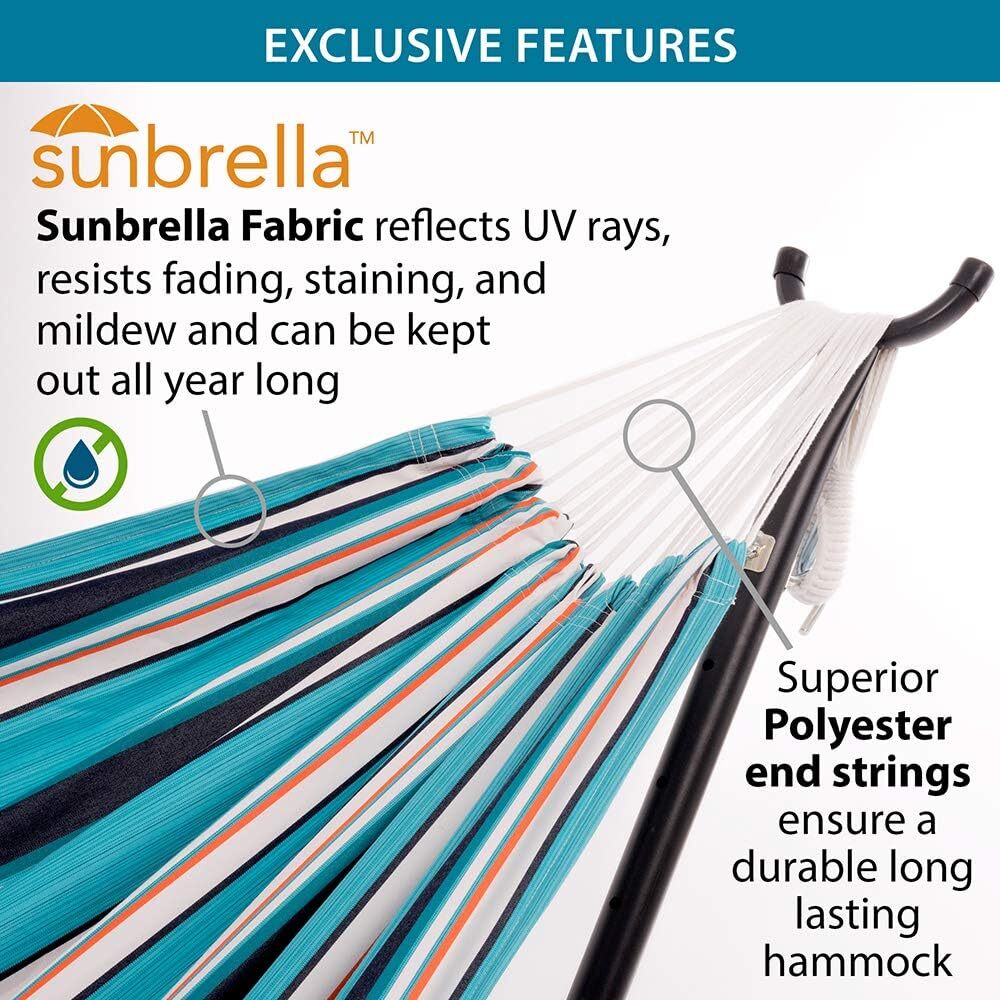 Vivere Double Cotton Hammock with Steel Stand, 450 lb Capacity, Tropical Colors, Includes Premium Carry Bag