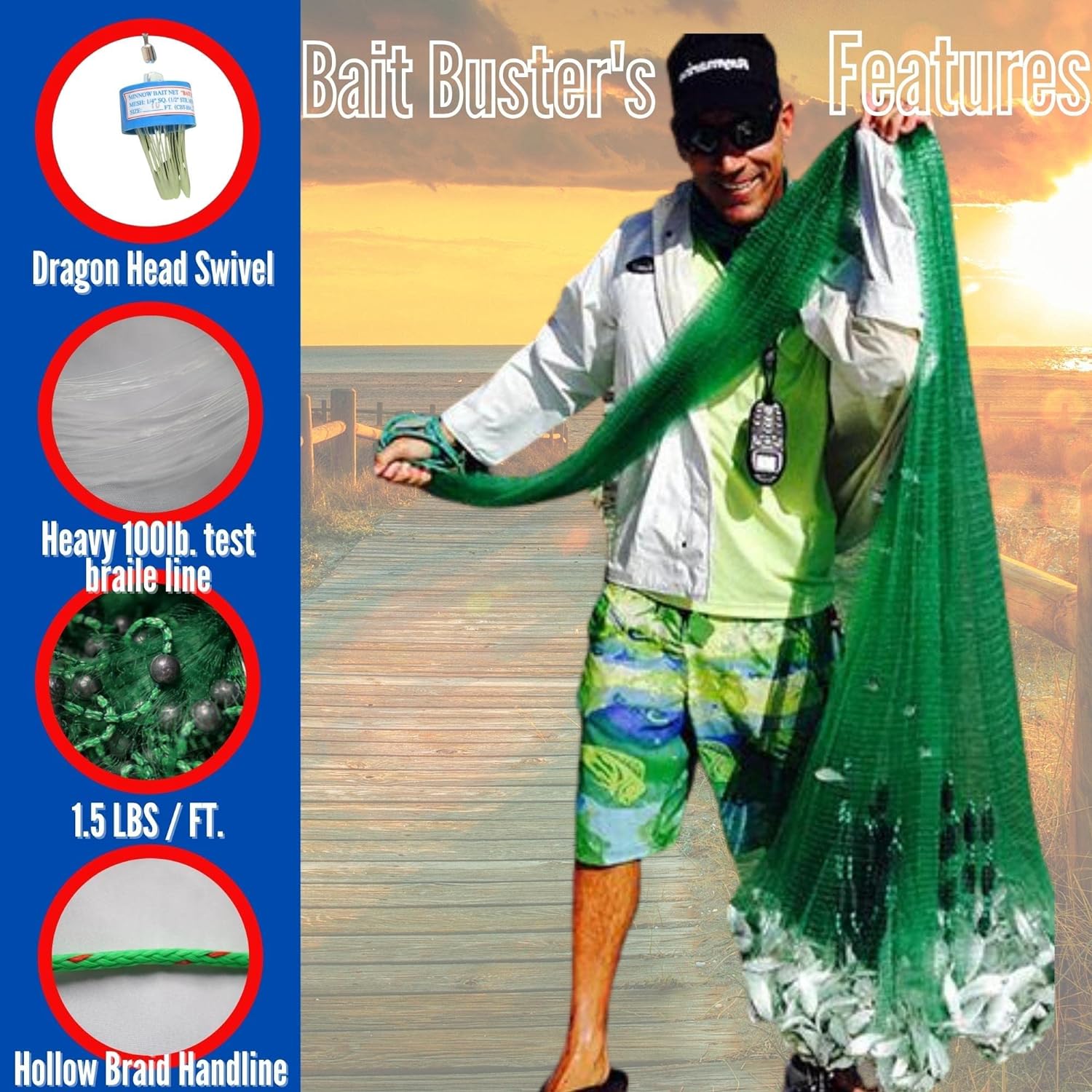 Bait Buster 5FT Radius Cast Net, Green, 3/8    Sq. Mesh, 100 LB Braille Lines, Fishing