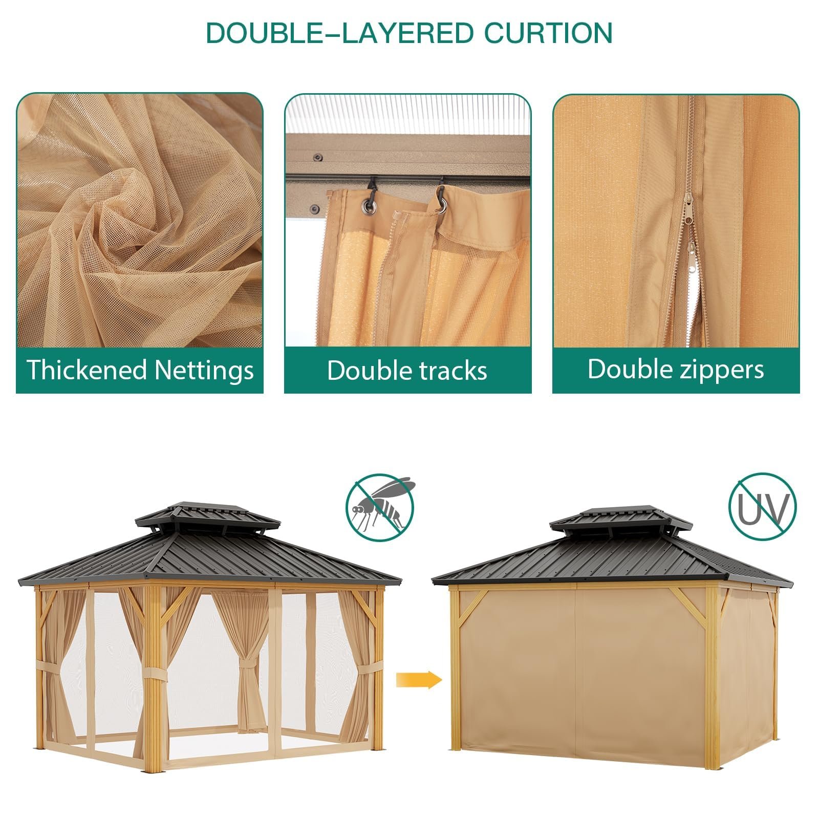 10X13 FT Outdoor Galvanised Steel Hardtop Gazebo, Heavy Duty Double Roof Outdoor Gazebo with Netting and Sunshade Curtains, Aluminium Framed Gazebo for Patio, Terrace, Lawn and Deck, Khaki