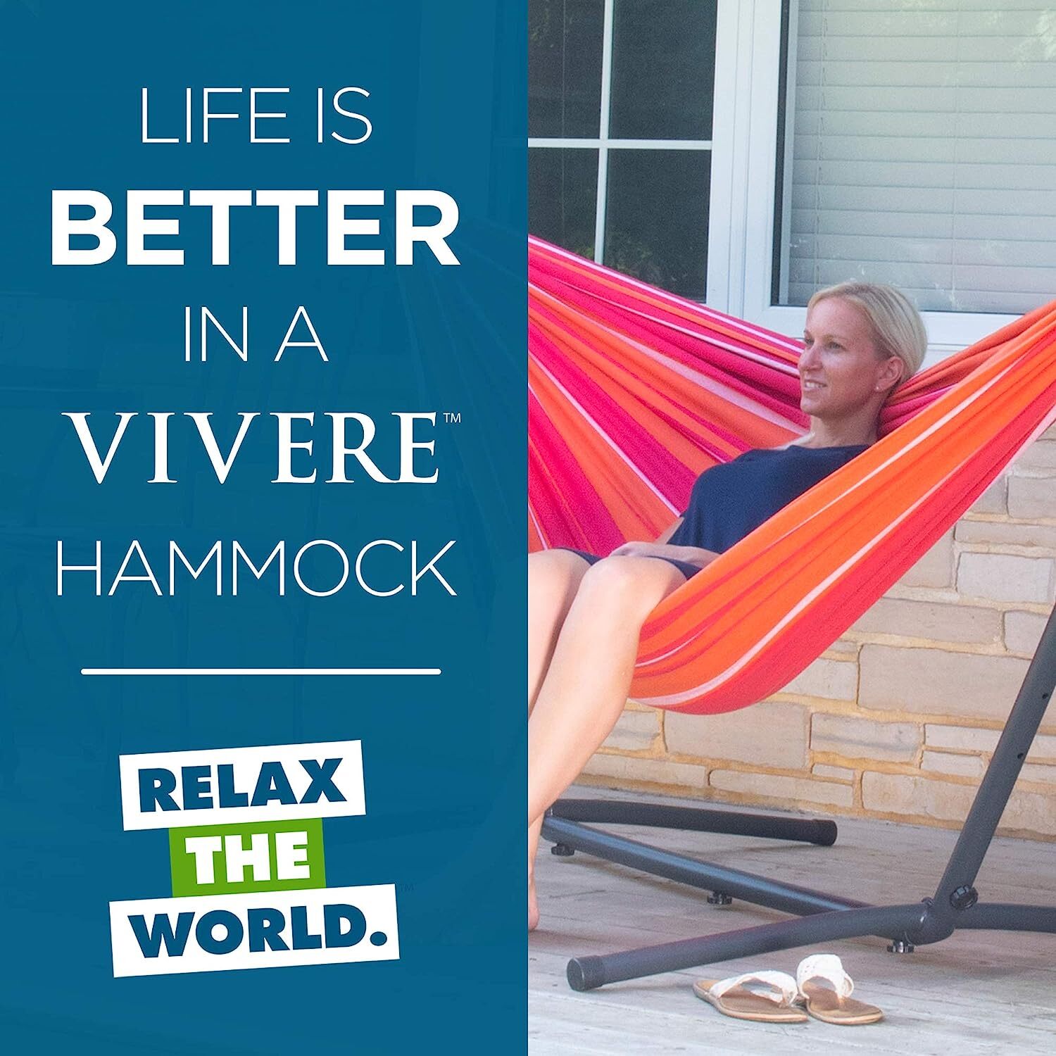 Vivere Double Cotton Hammock with Steel Stand, 450 lb Capacity, Tropical Colors, Includes Premium Carry Bag