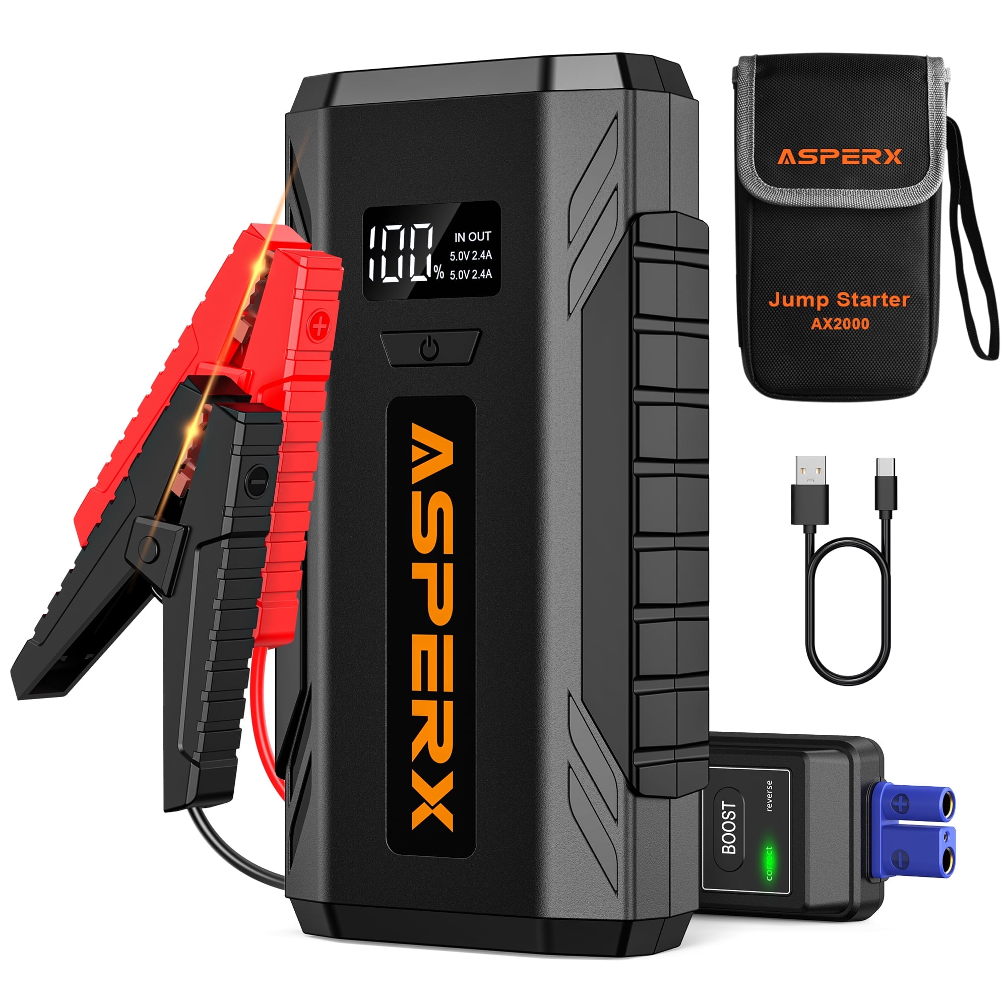 ASPERX AX2000 Car Jump Starter 2000A Peak for 8.0L Gas/6.5L Diesel, 12V Battery Booster with LED Light & Power Bank