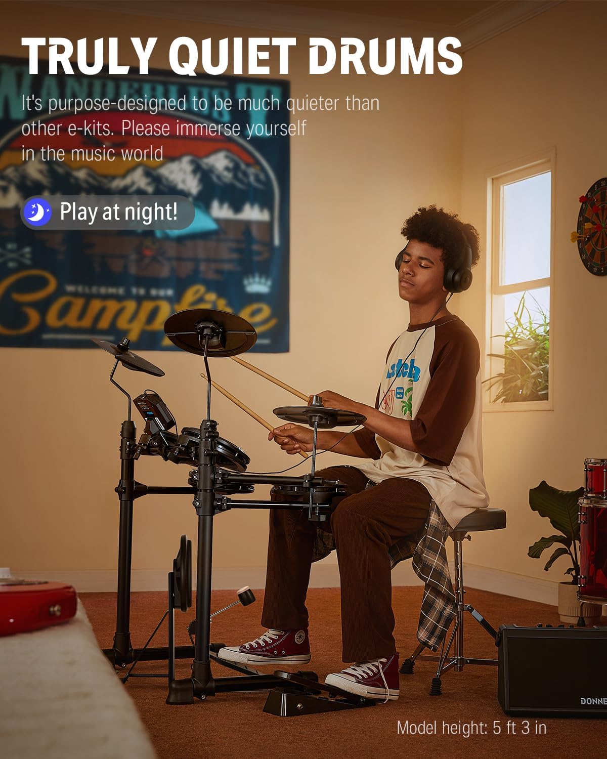 Electronic Drum Set with 4 Quiet Mesh Pads, 180+ Sounds, 2 Pedals, Throne, Headphones, Sticks, and Melodics Lessons