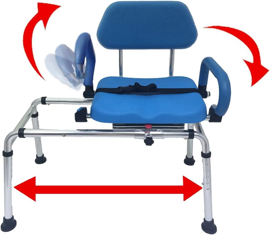 Platinum Health Carousel Sliding Shower Chair, Blue  C Swivel Seat, Padded Arms, Adjustable Transfer Bench for Seniors & Handicap