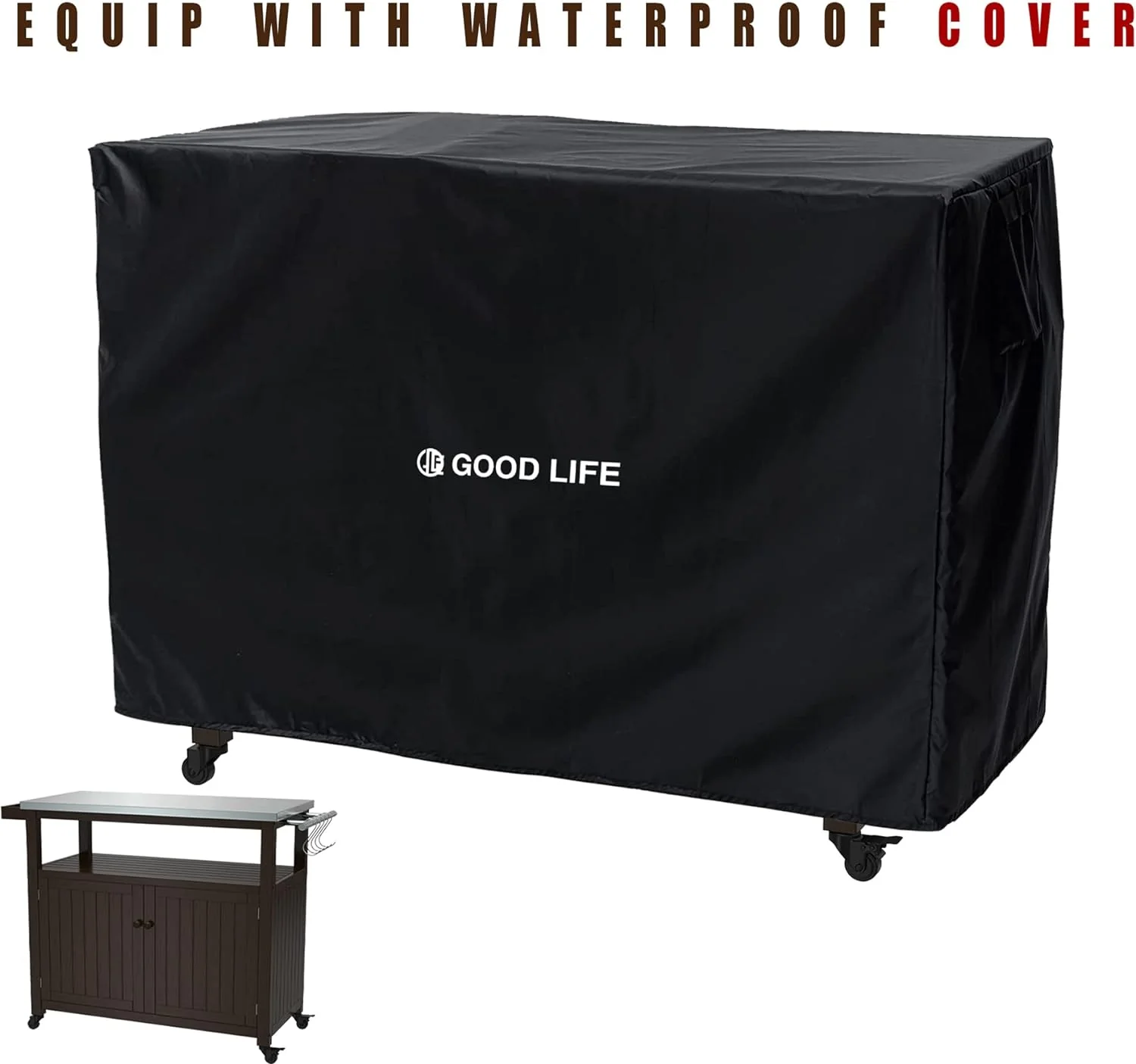 Outdoor Storage Cabinet Solid Wood Prep Grill Table with Stainless Steel Top - Dark Brown