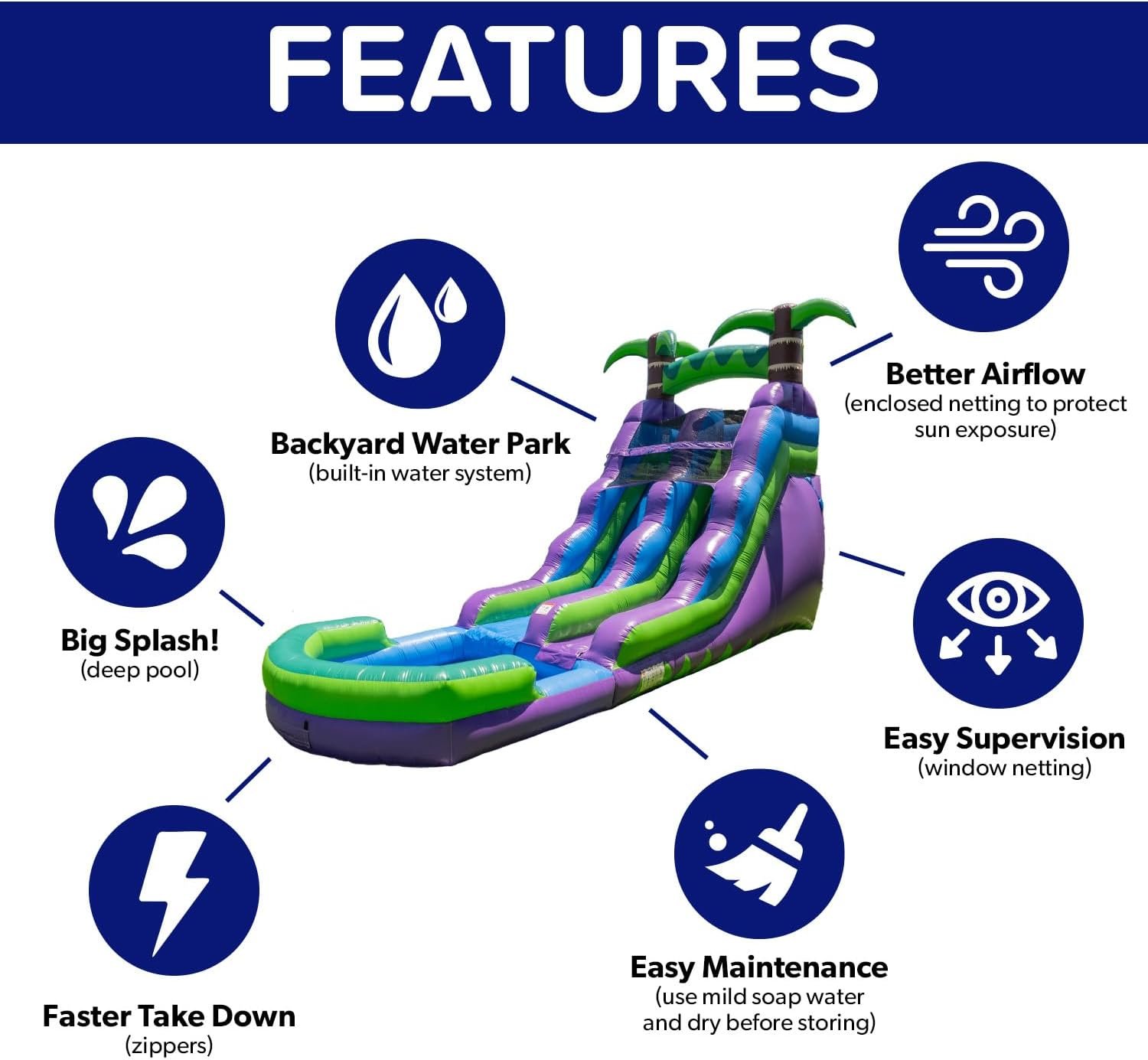 HeroKiddo 16�� Purple Tropical Lightweight Premium Commercial Grade Water Slide Inflatable with Attached Pool for Kids and Adults (with Blower), Wet Dry Use, Summer Fun