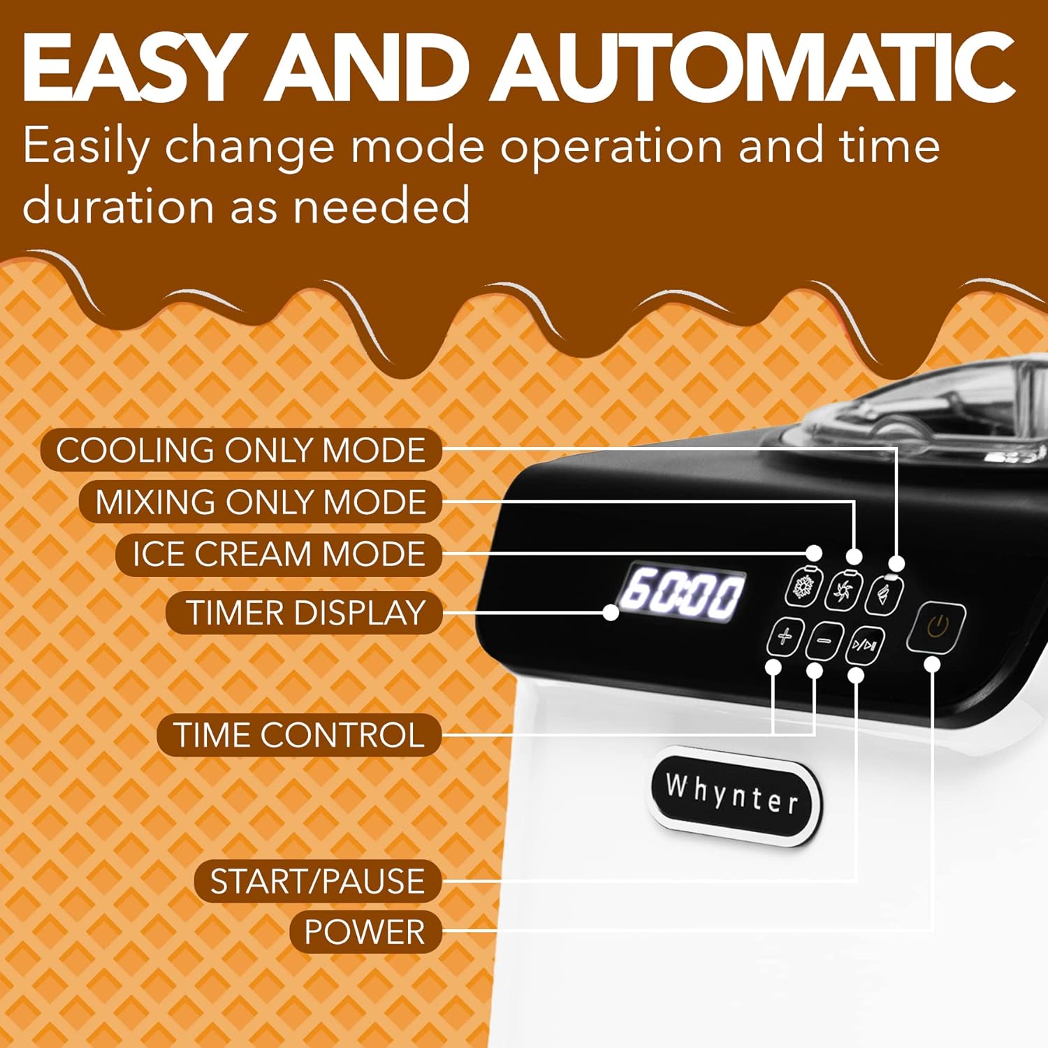 Automatic Ice Cream Maker 1.6 Quart Capacity Stainless Steel, with Built-in Compressor, no pre-Freezing, LCD Digital Display, Timer, One Size, Black