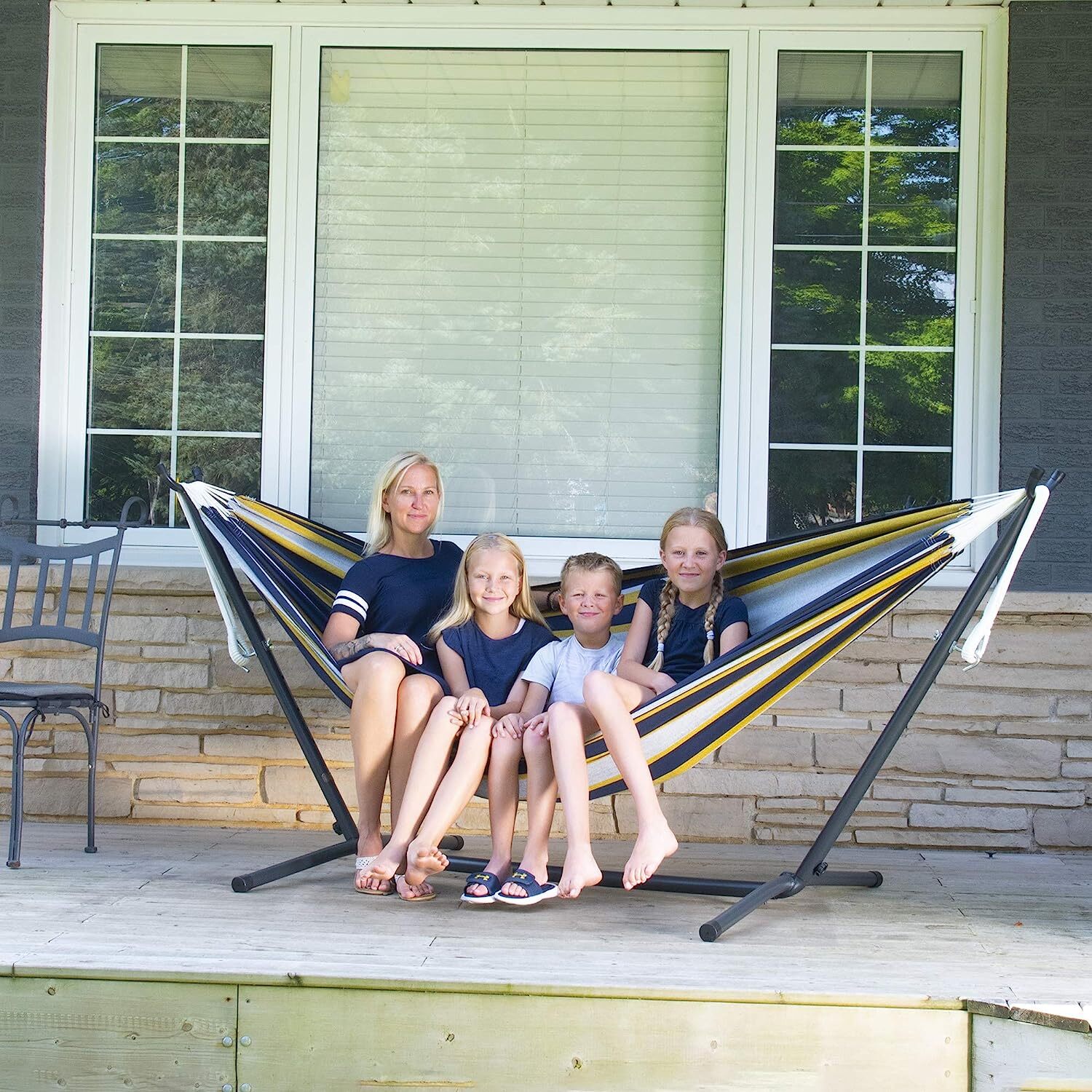 Vivere Double Cotton Hammock with Steel Stand, 450 lb Capacity, Tropical Colors, Includes Premium Carry Bag