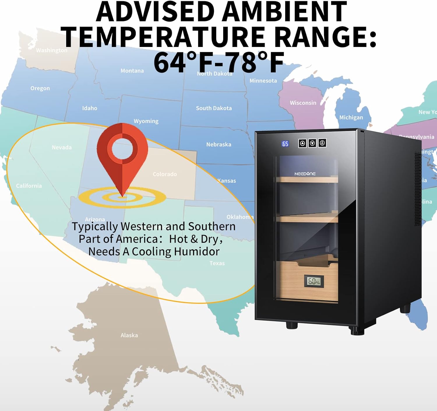 ThermoCigar 48L Cigar Humidor with Heating & Cooling, Cedar Wood, Digital Hygrometer, Quiet Electric Cooler for 350 Cigars