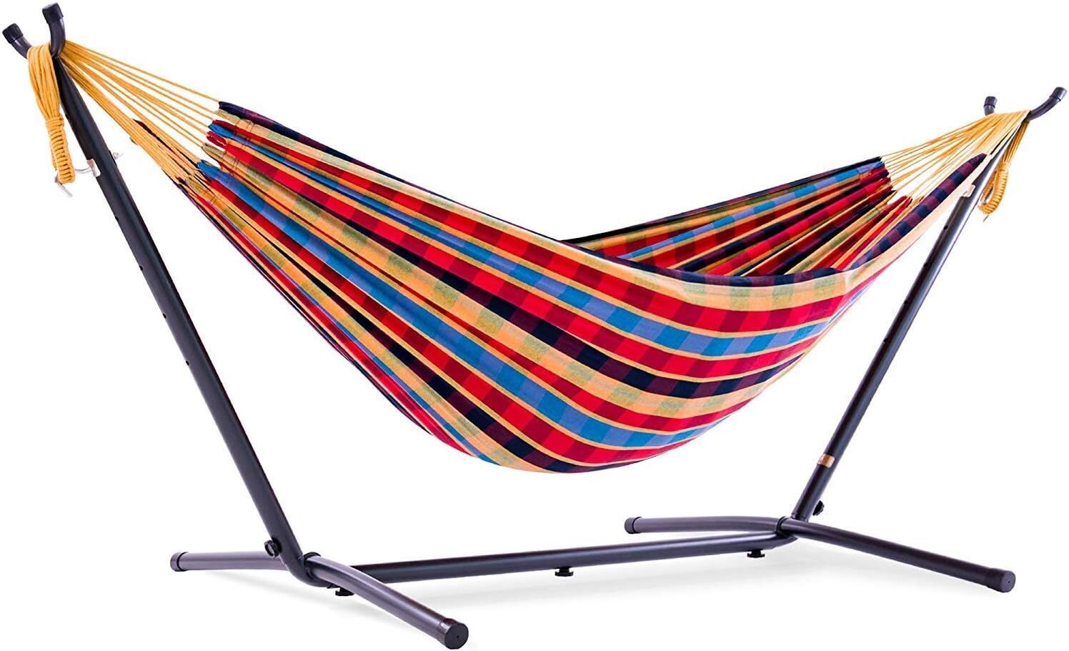 Vivere Double Cotton Hammock with Steel Stand, 450 lb Capacity, Tropical Colors, Includes Premium Carry Bag