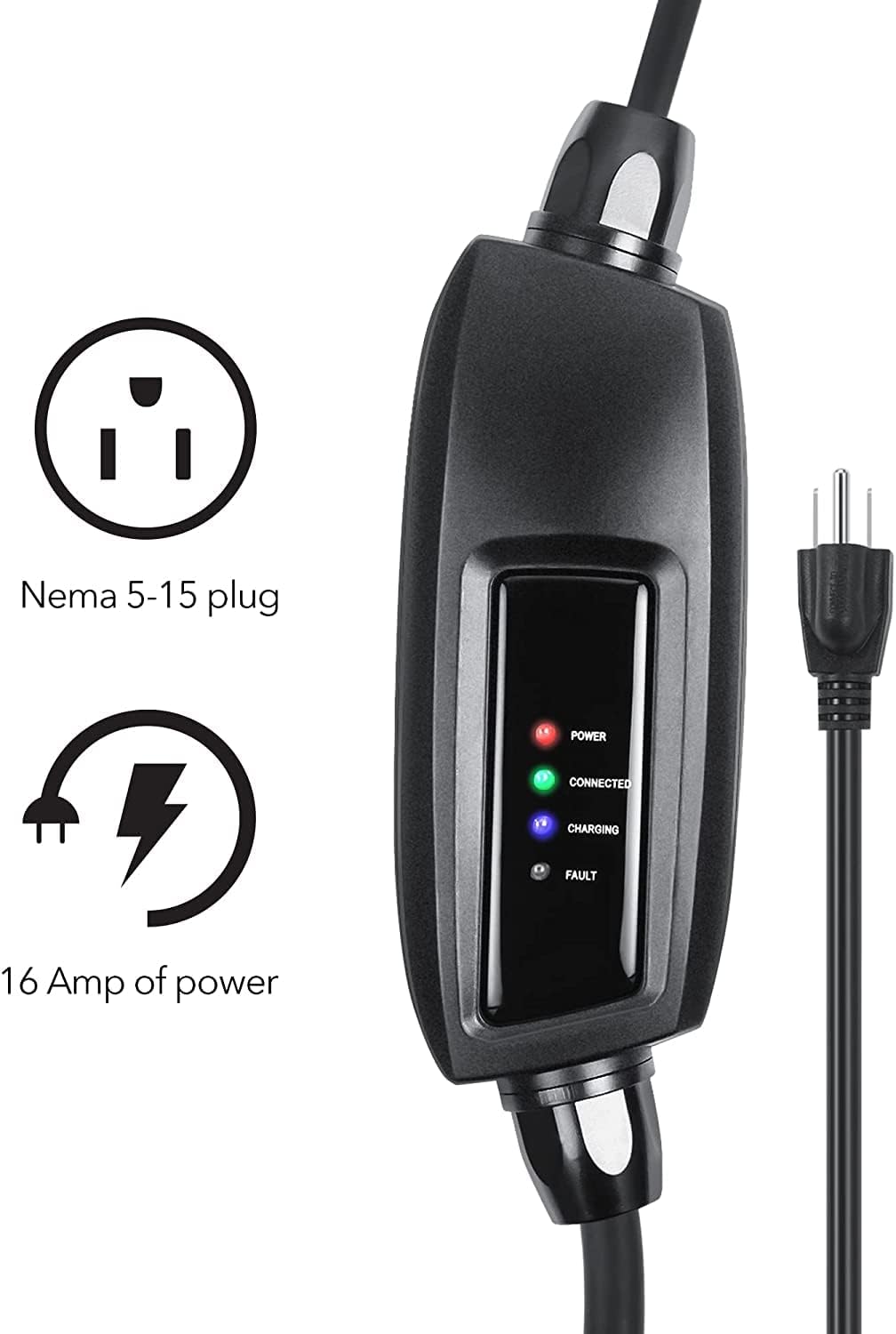 Lectron 16A Level 1 EV Charger, 110V, 21ft Cord, NEMA 5-15 Plug, J1772 Compatible, Fast Charging, Wall Mount