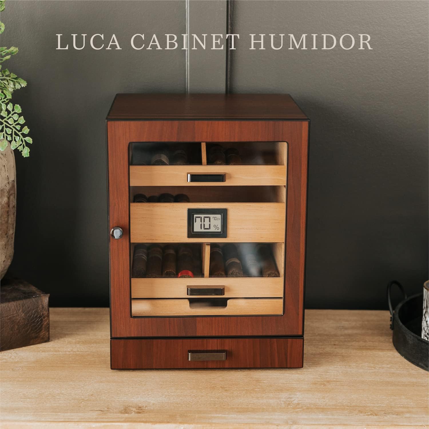 Cabinet Humidor with thick cedar, easy humidification system, accurate digital hygrometer - Brown