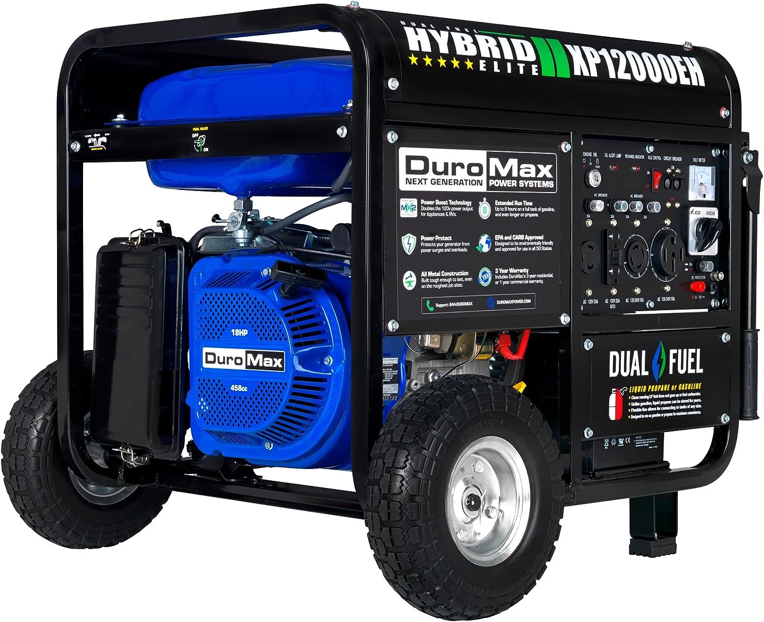 XP12000EH Dual Fuel Generator �C 12,000W Gas/Propane, 457cc 4-Stroke Engine, EPA/CARB Compliant