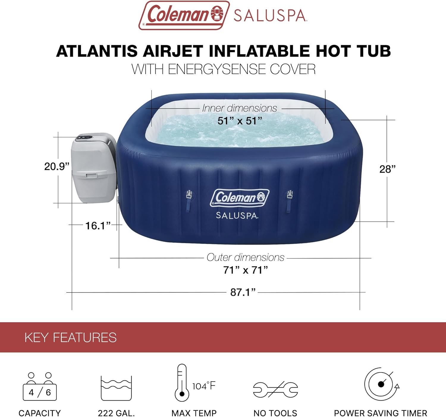 4 to 6 Person Inflatable Hot Tub Square Portable Outdoor Spa with 114 Soothing AirJets and Insulated Cover, Gray-Coleman