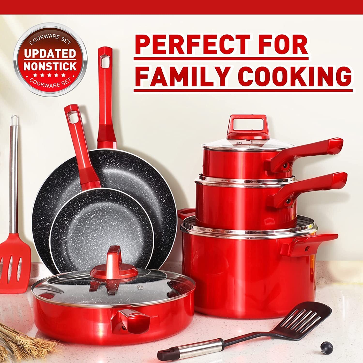 Red Nonstick Cookware Set  C 10 Pcs by [Brand Name], Induction Compatible, Chemical-Free, Includes Frying Pans, Saucepans, Saute Pan, Stock Pot