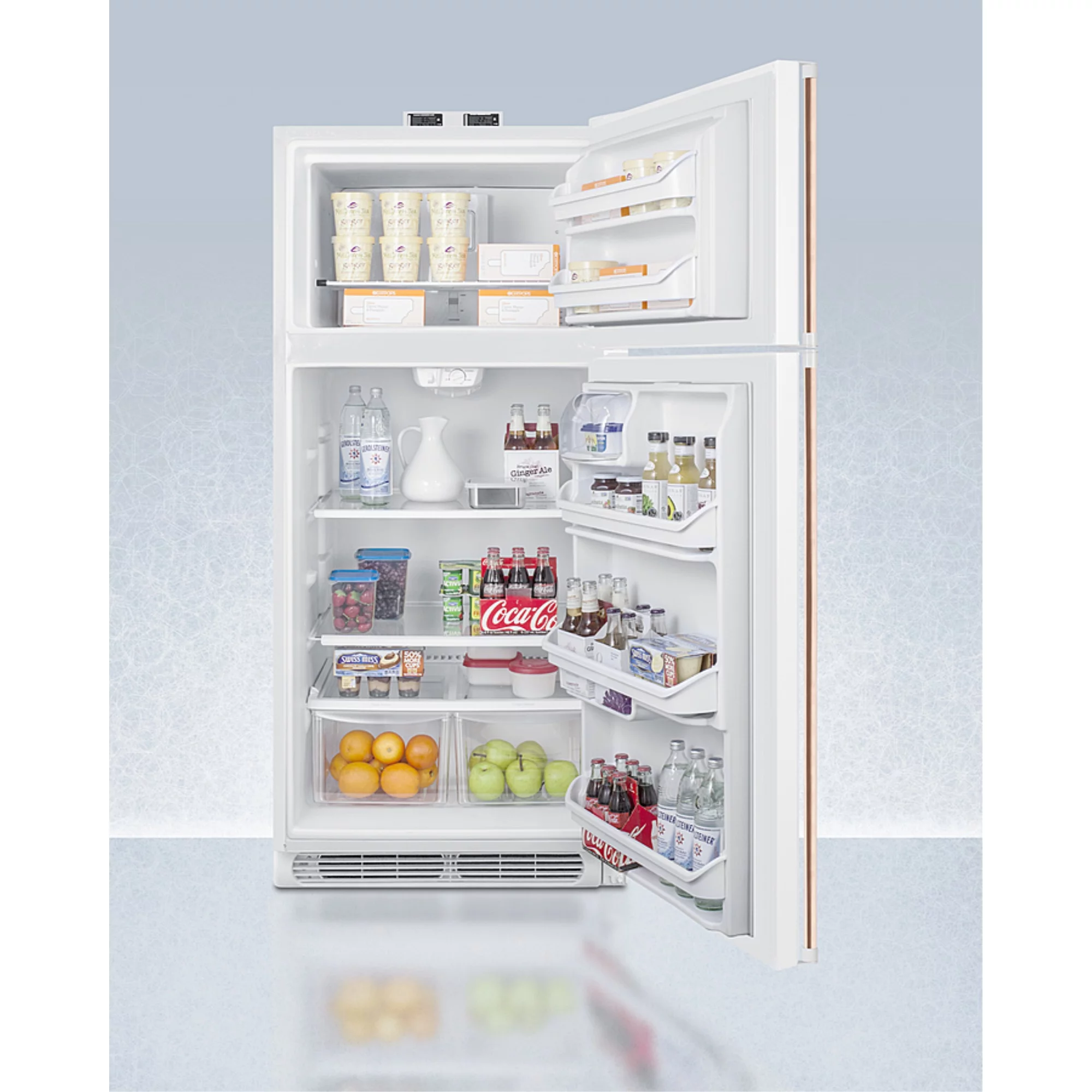 18 cu.ft. break room refrigerator-freezer in white with NIST calibrated alarm/thermometers and copper handles
