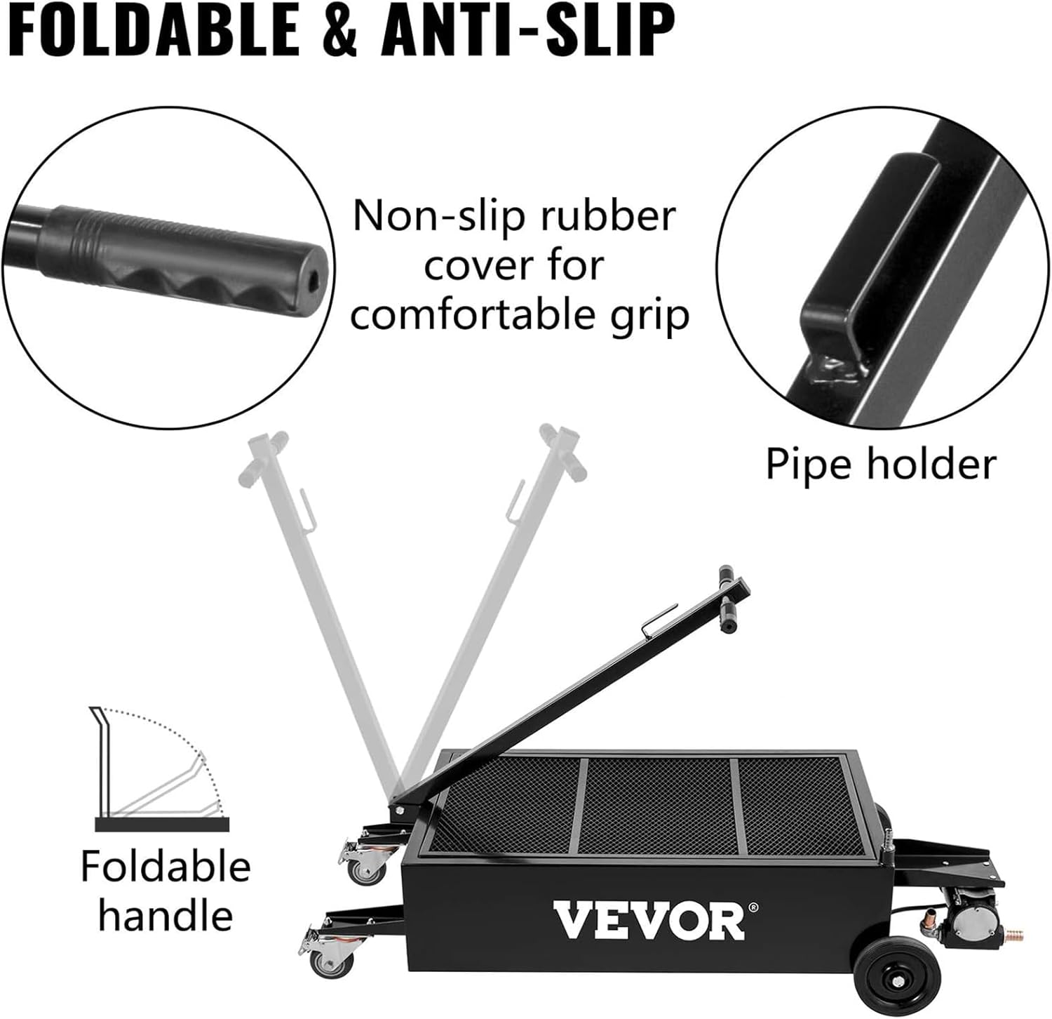 Low-Profile 15 Gallon Oil Drain Pan with 180W Electric Pump, Folding Handle & Wheels for Trucks, Buses, RVs